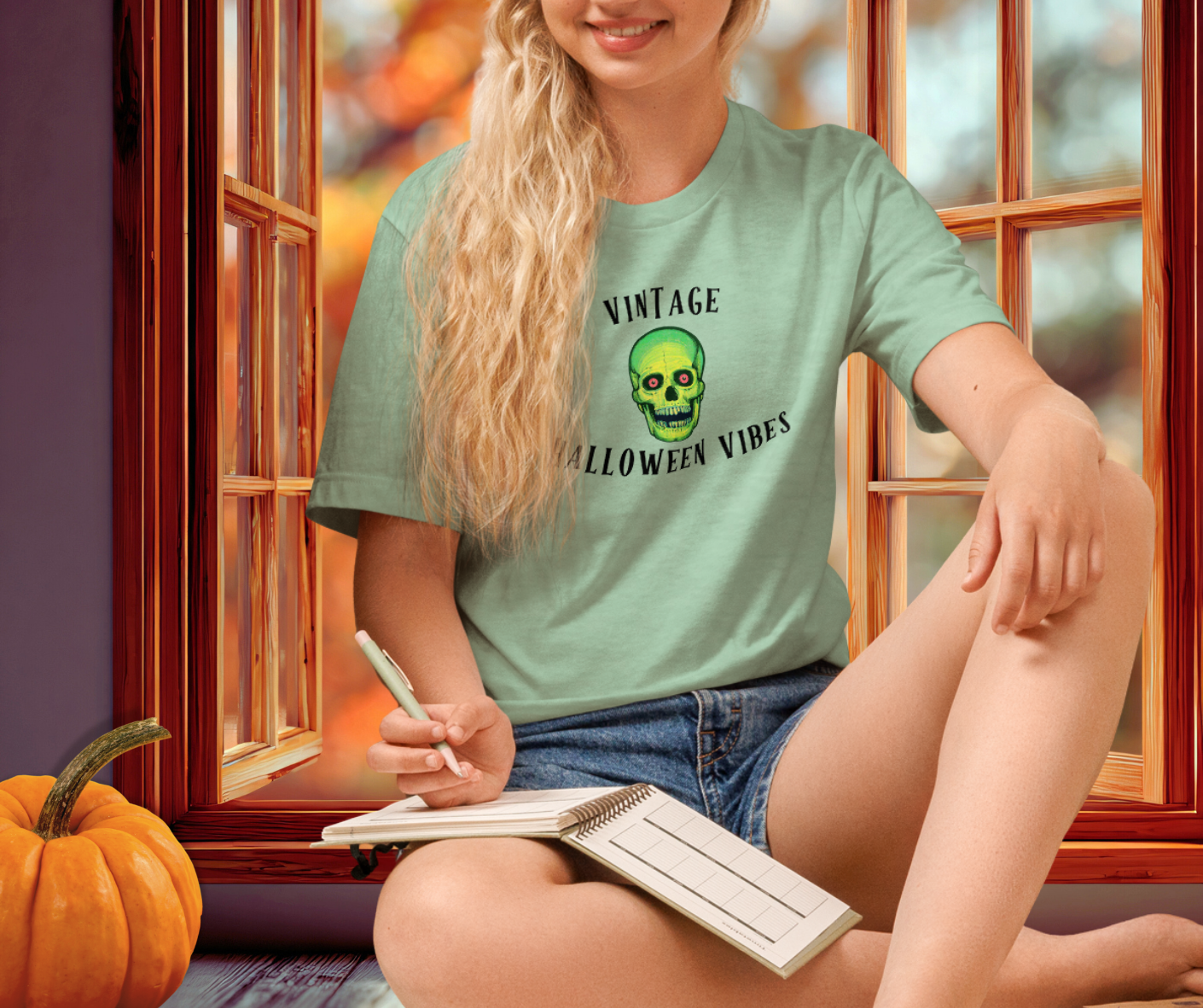Vintage Halloween Vibes Tee | Unisex Retro Green Skull Graphic Shirt