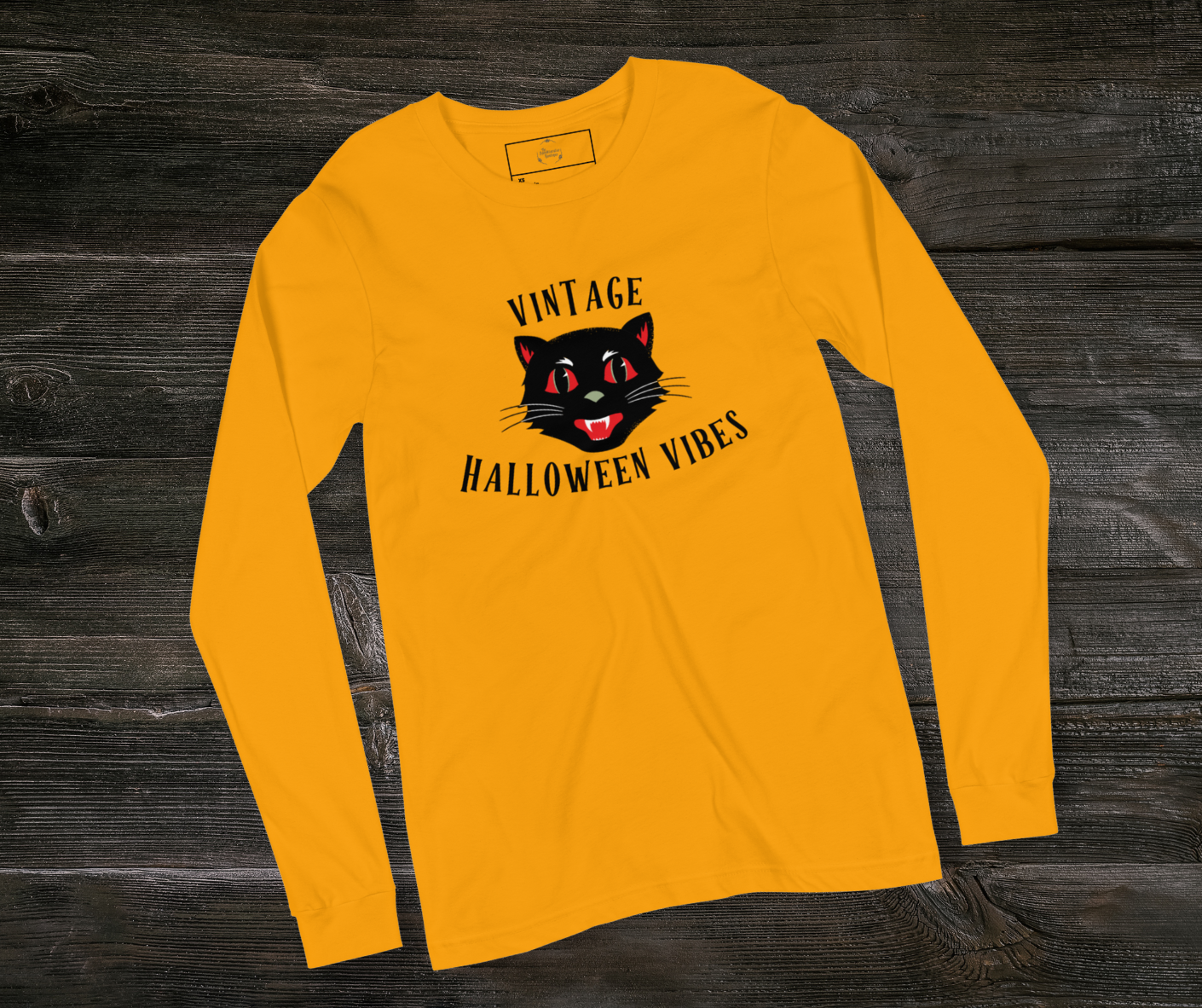 Vintage Halloween Vibes Long Sleeve Tee | Bella+Canvas Unisex Retro Cat Shirt