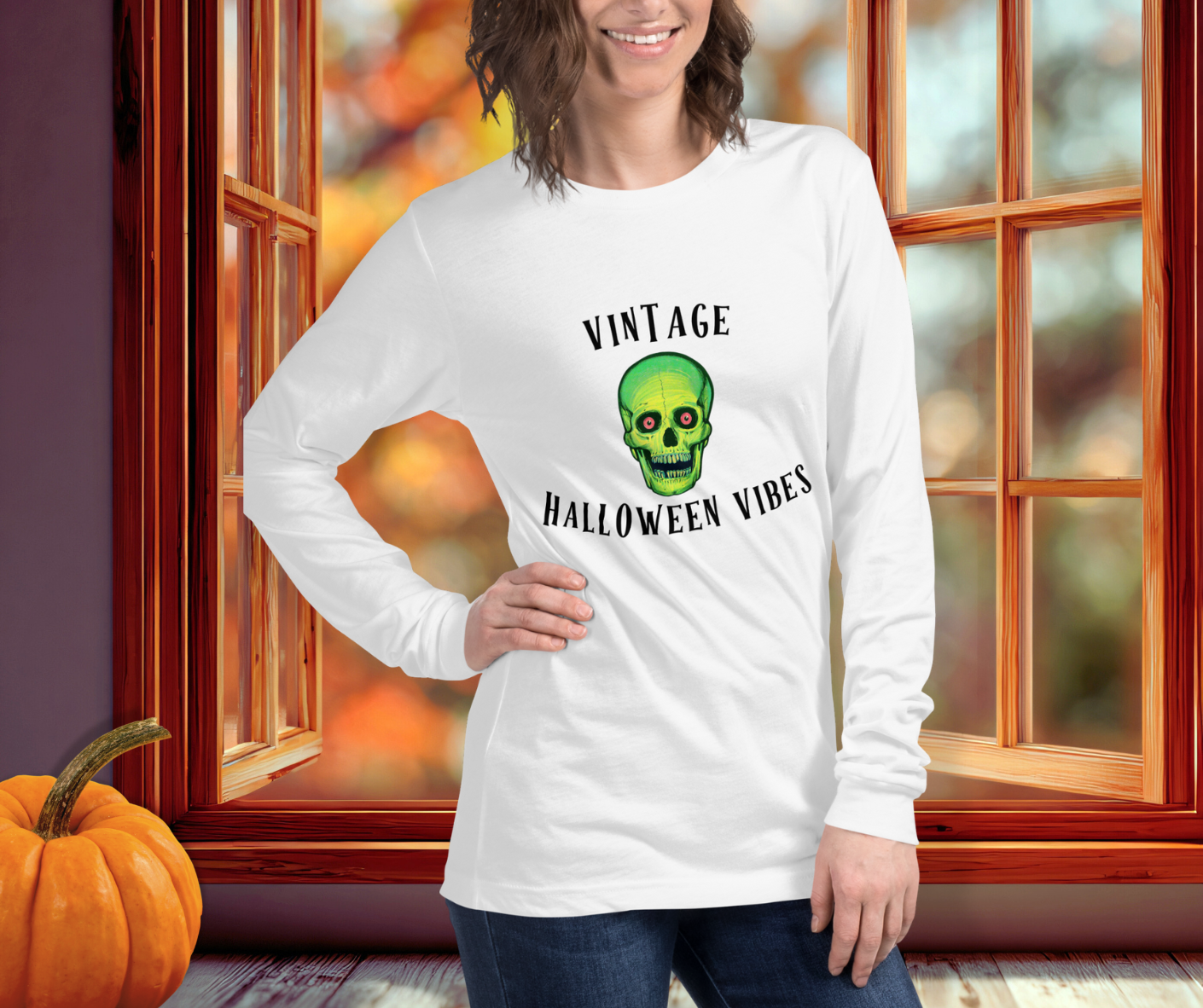 Vintage Halloween Vibes Long Sleeve Tee | Bella+Canvas Retro Green Skull Shirt