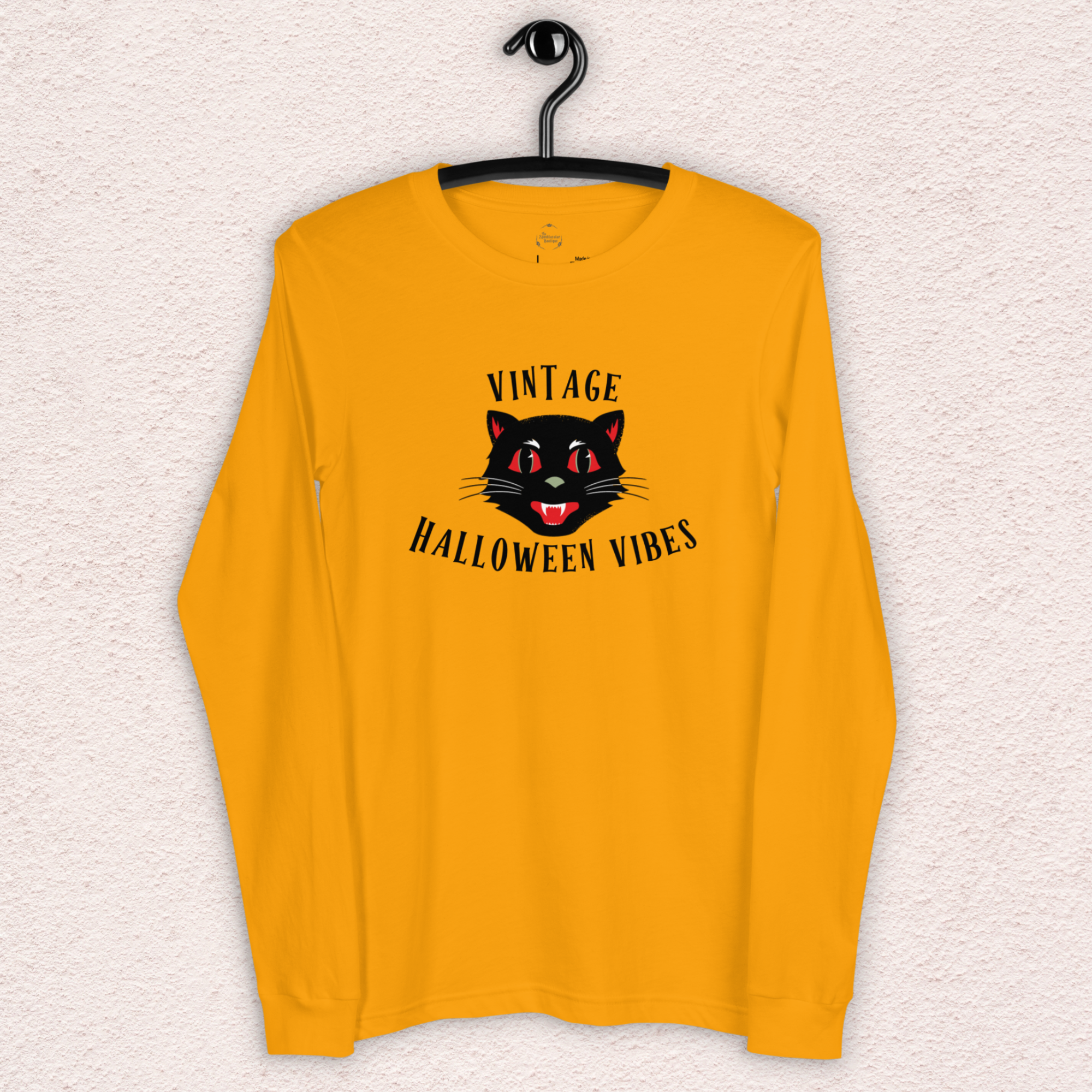Vintage Halloween Vibes Long Sleeve Tee | Bella+Canvas Unisex Retro Cat Shirt