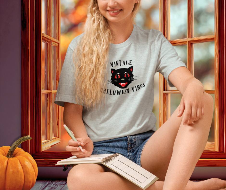 Vintage Halloween Vibes Tee | Unisex Retro Halloween Cat Graphic Shirt