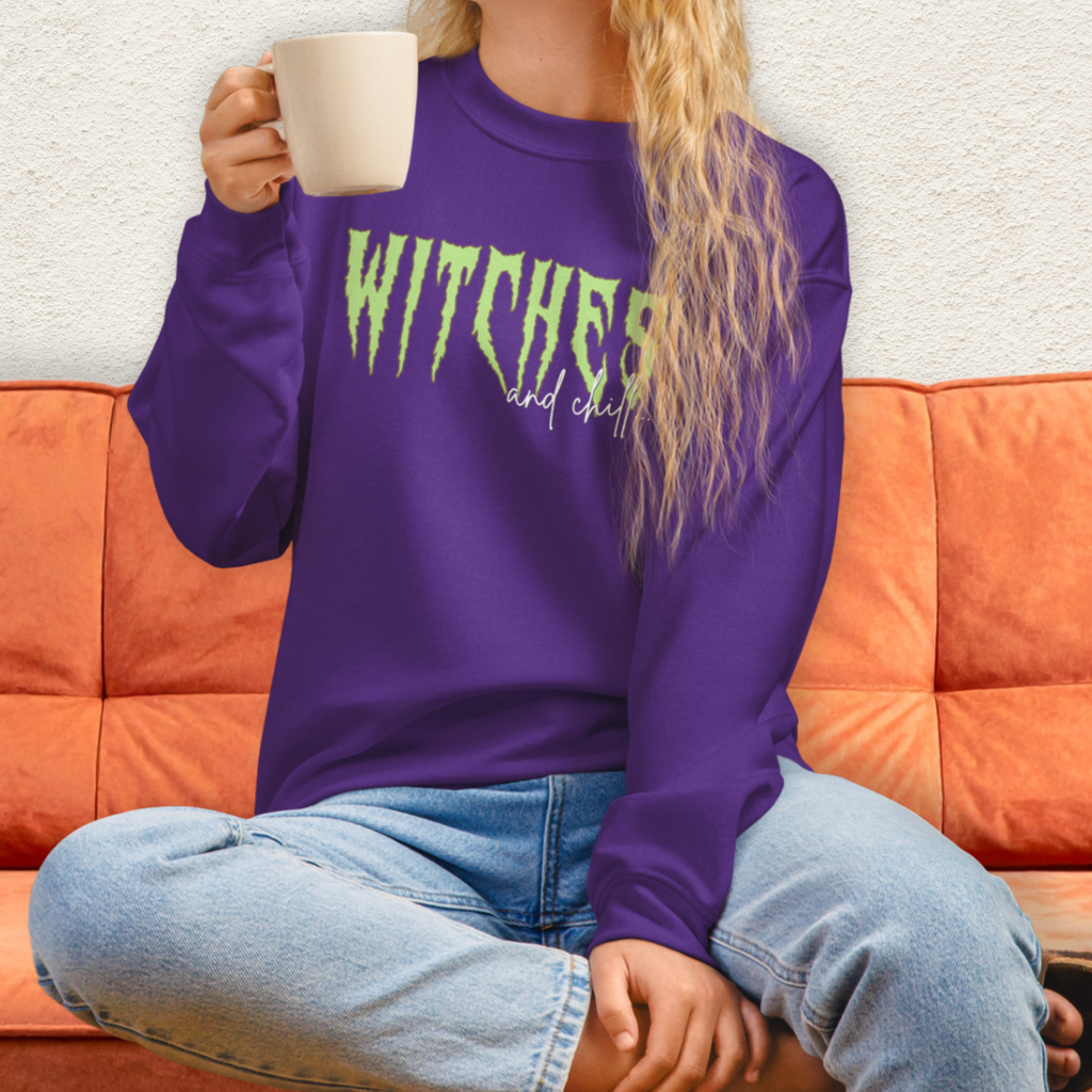 Witches & Chill Sweatshirt | Spooky Witch Aesthetic Crewneck | Gildan Heavy Blend Halloween Sweatshirt