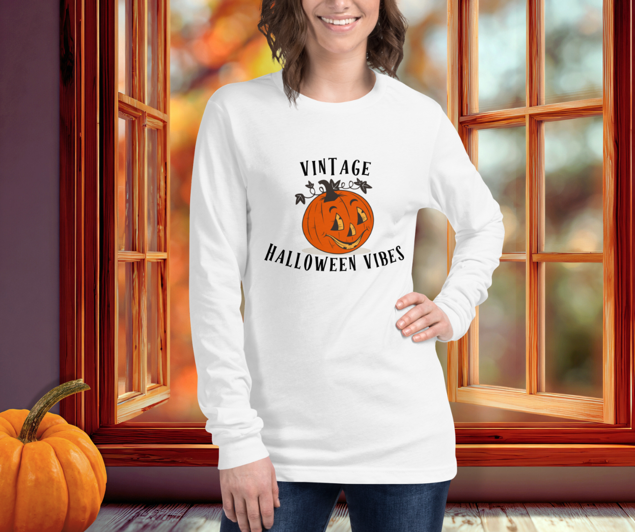Vintage Halloween Vibes Long Sleeve Tee | Bella+Canvas Retro Jack-O’-Lantern Shirt