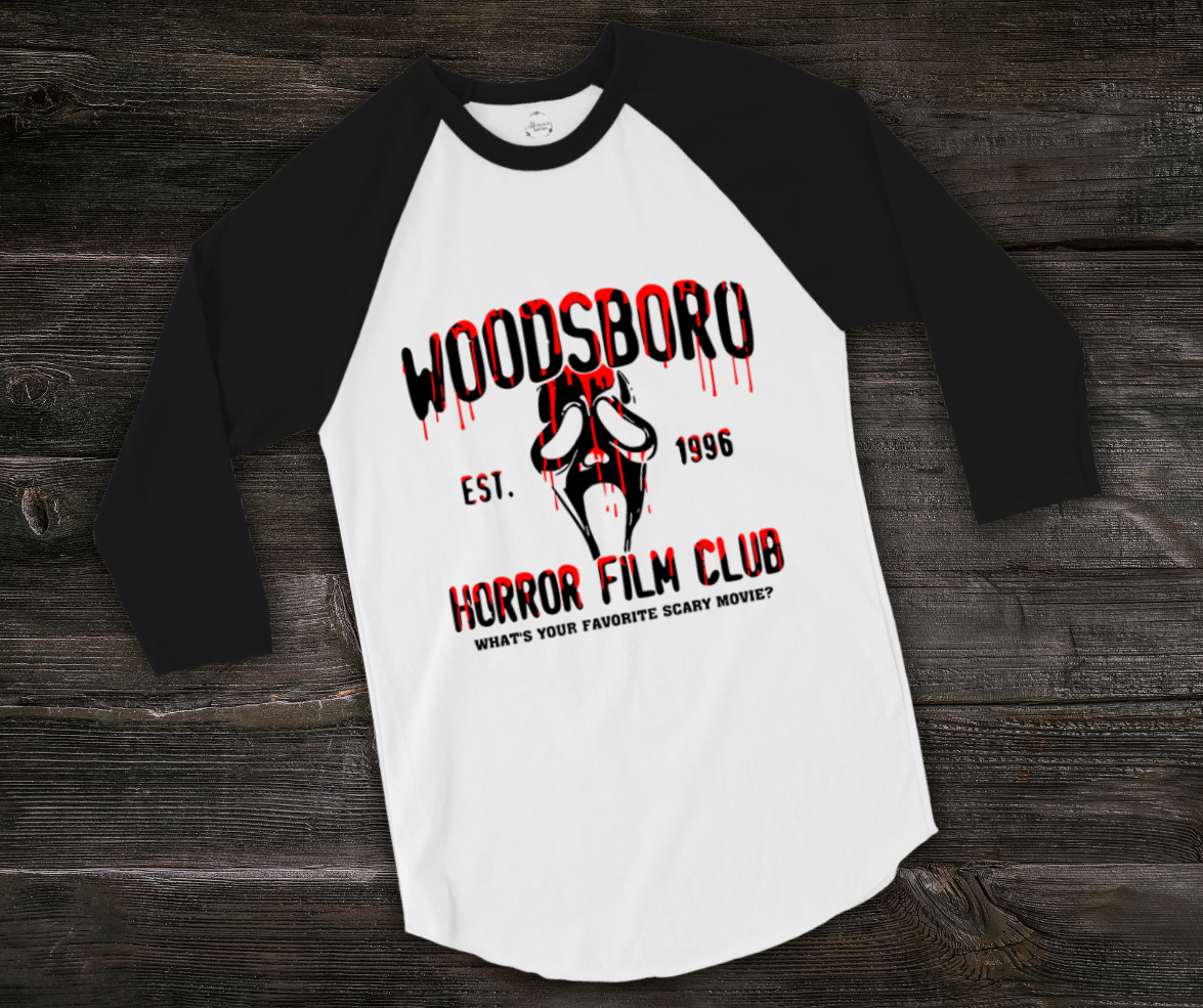 Woodsboro Horror Film Club Raglan Tee | Unisex 3/4 Sleeve Slasher Shirt
