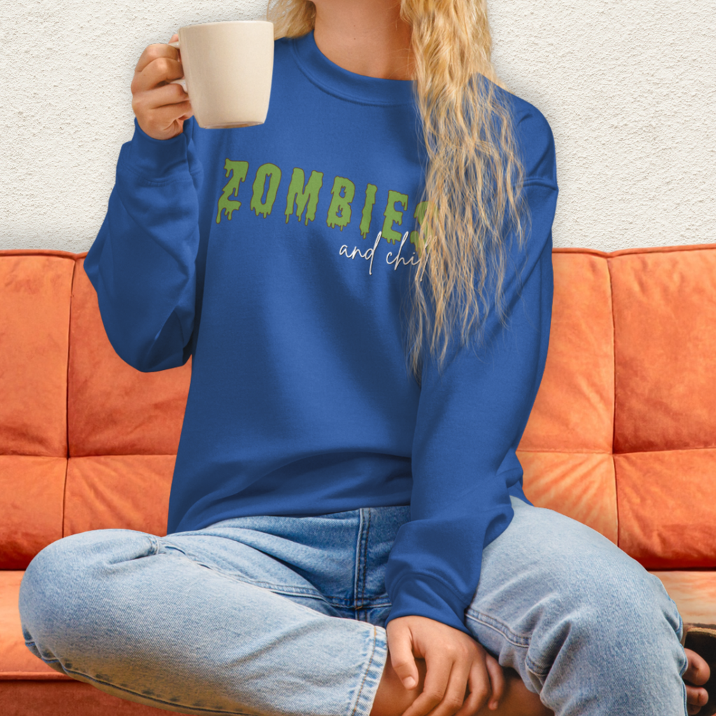 Zombies & Chill Sweatshirt | Horror Movie Crewneck | Gildan Heavy Blend Spooky Zombie Sweatshirt