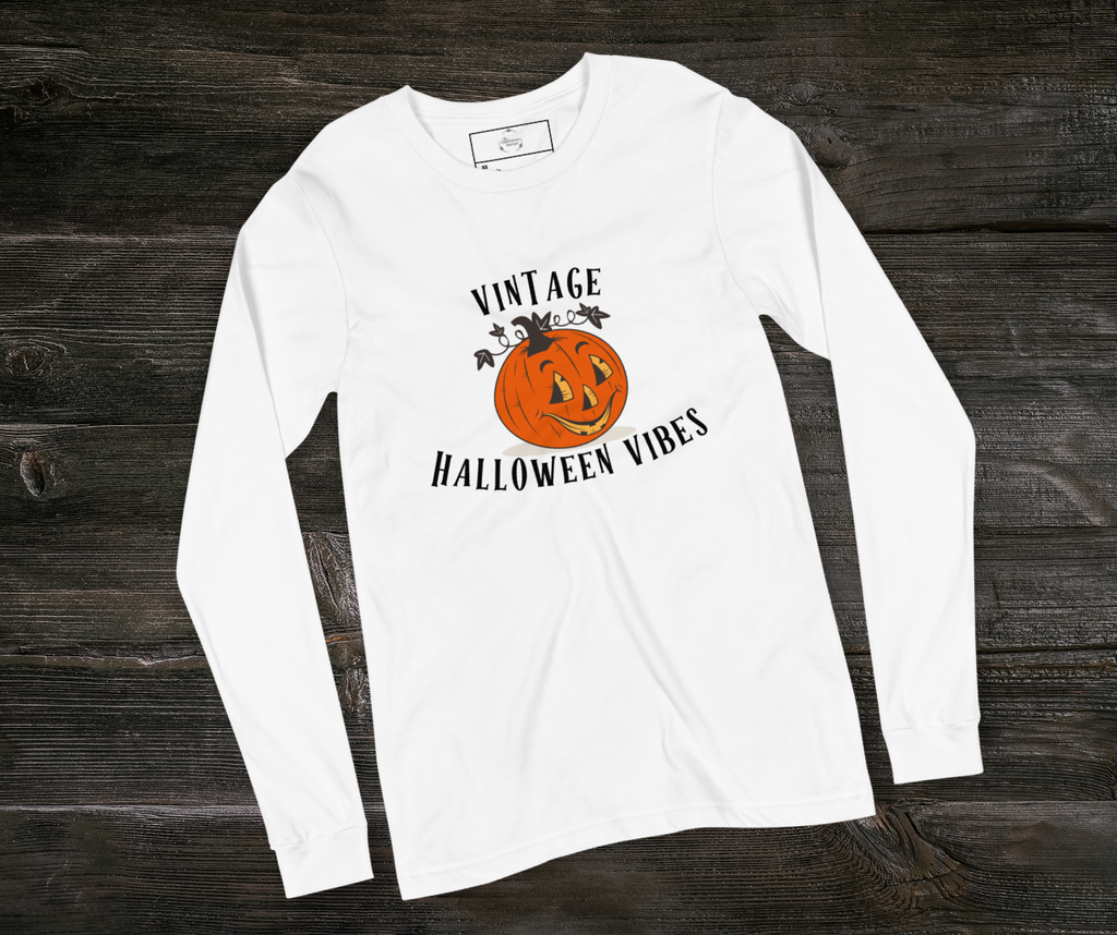 Vintage Halloween Vibes Long Sleeve Tee | Bella+Canvas Retro Jack-O’-Lantern Shirt