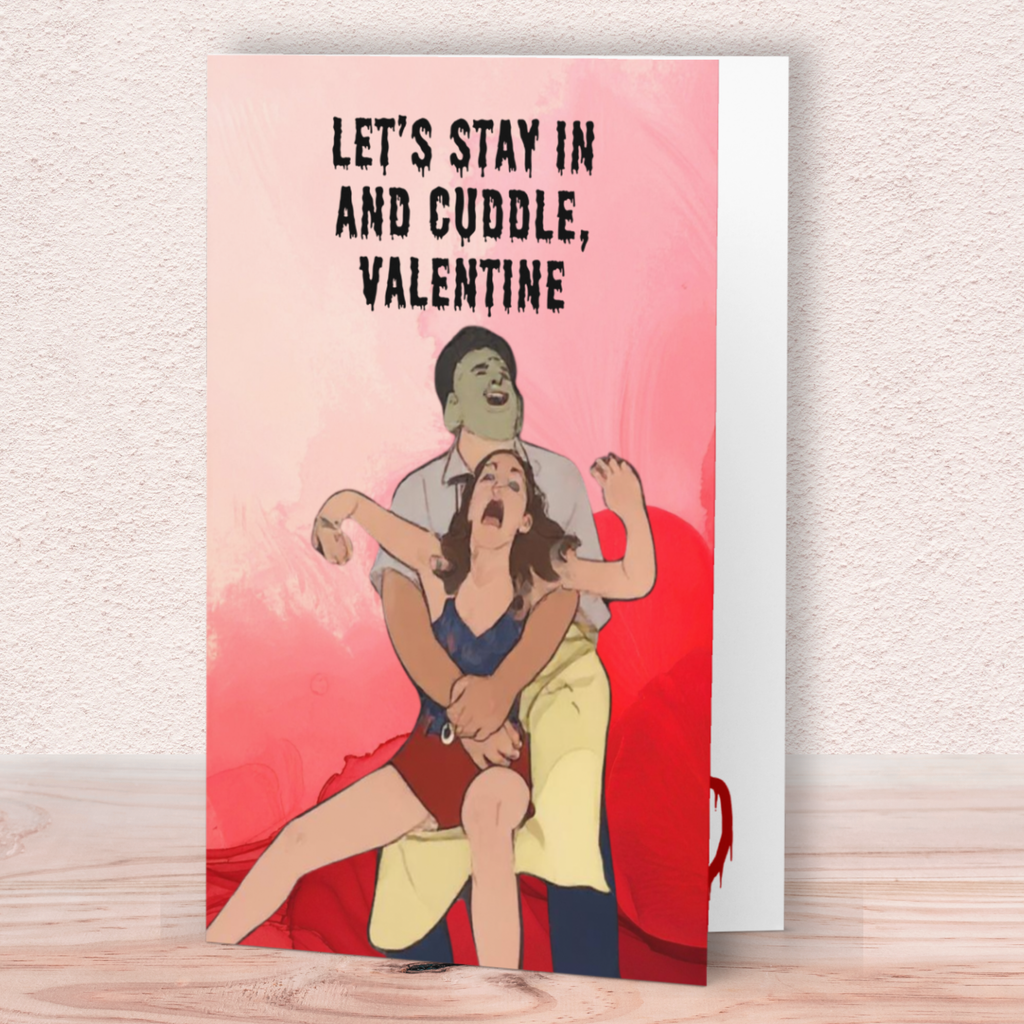 Funny Horror Valentine Card – “Let’s Stay In and Cuddle” Chainsaw Homebody Valentine