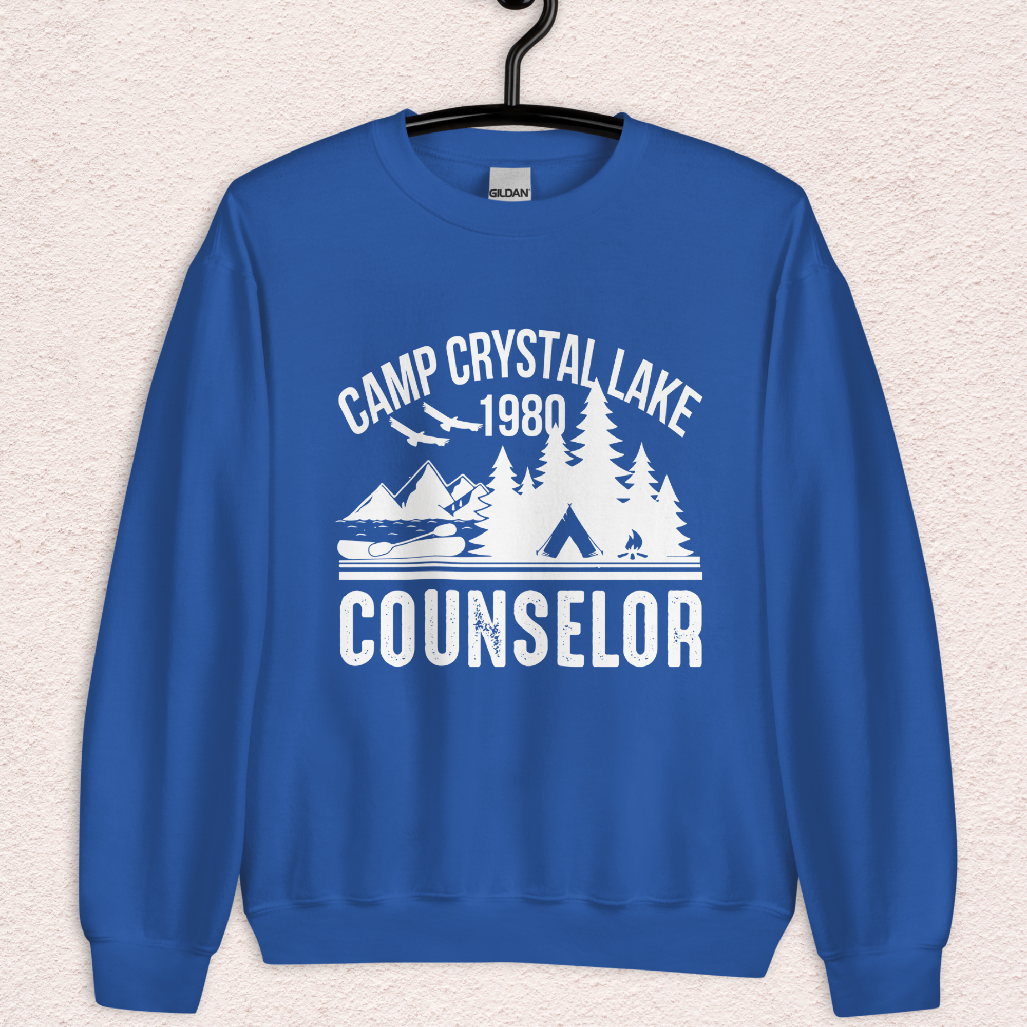 Camp Slasher Counselor Sweatshirt | Gildan Unisex Horror Crewneck (White Ink)