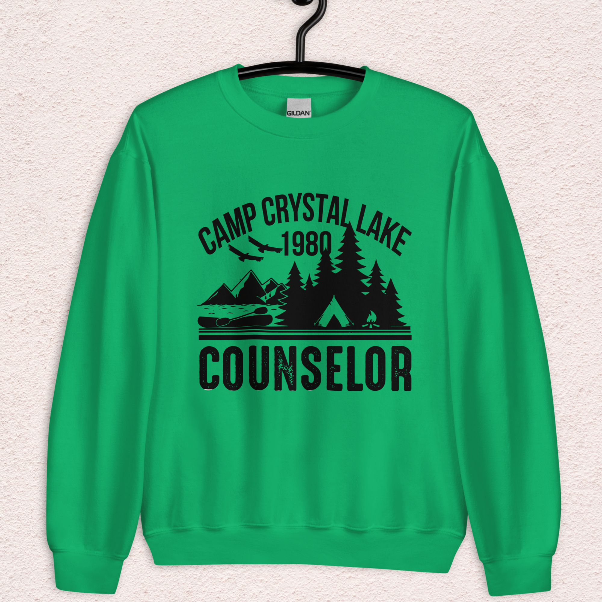 Camp Slasher Counselor Sweatshirt | Gildan Unisex Horror Crewneck (Black Ink)