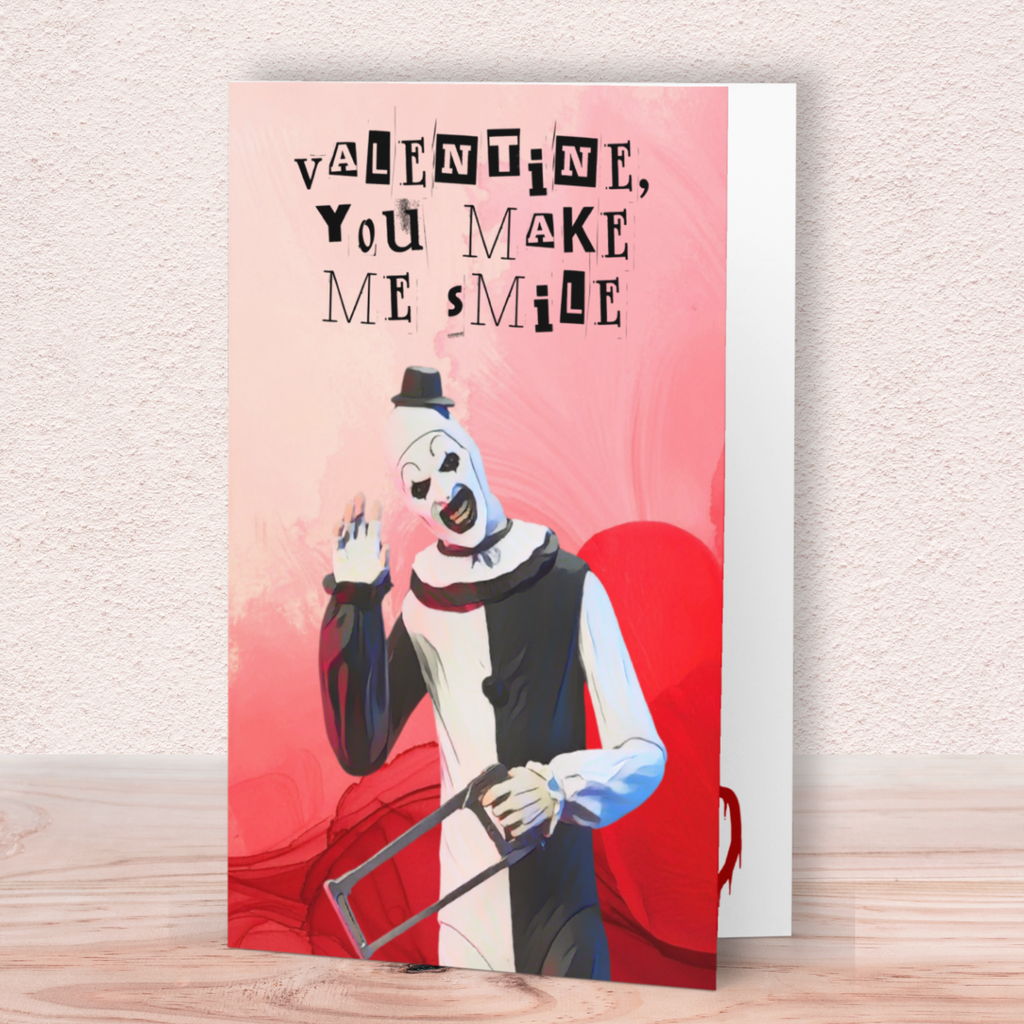Funny Horror Valentine Card – “You Make Me Smile” Creepy Clown Hacksaw Card
