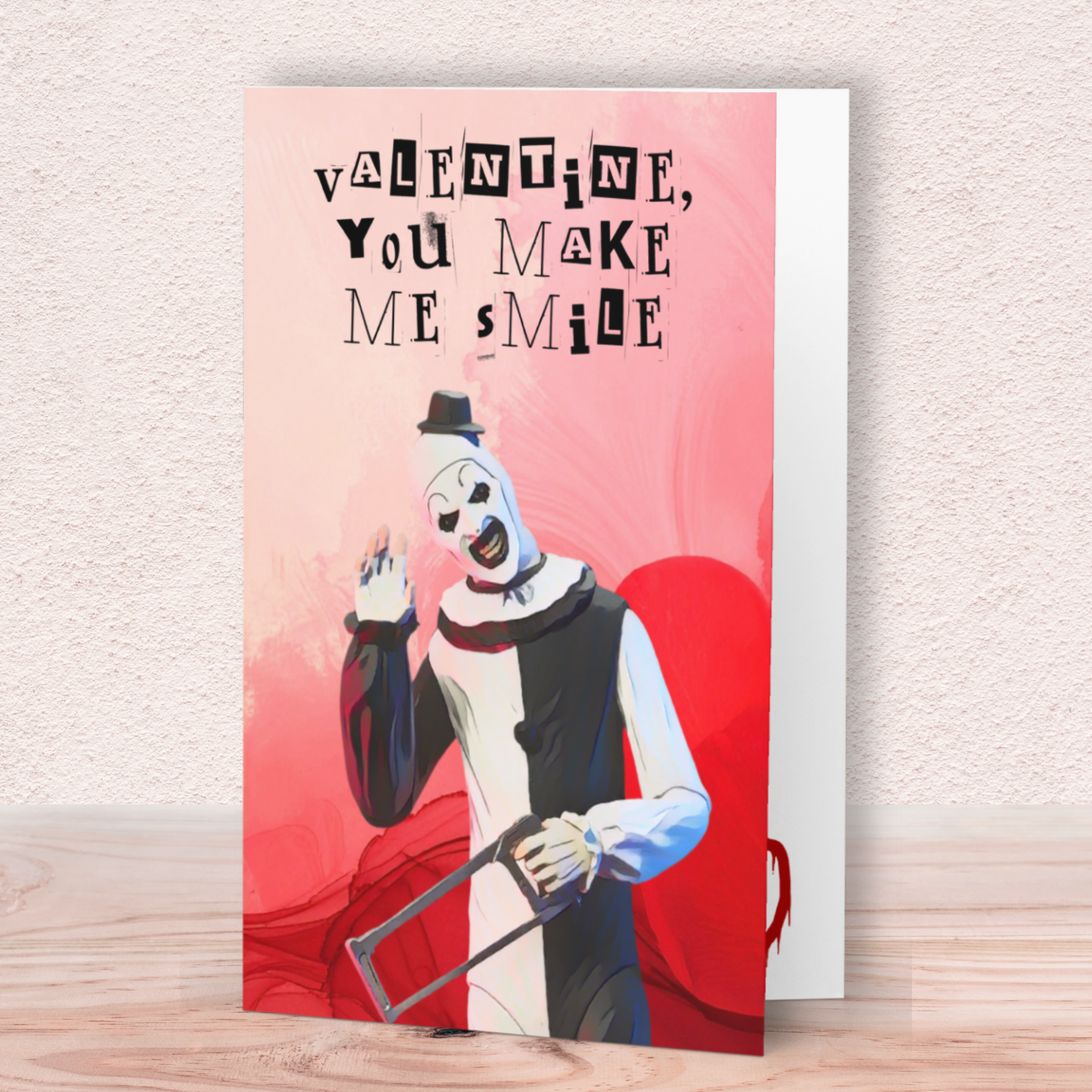 Funny Horror Valentine Card – “You Make Me Smile” Creepy Clown Hacksaw Card