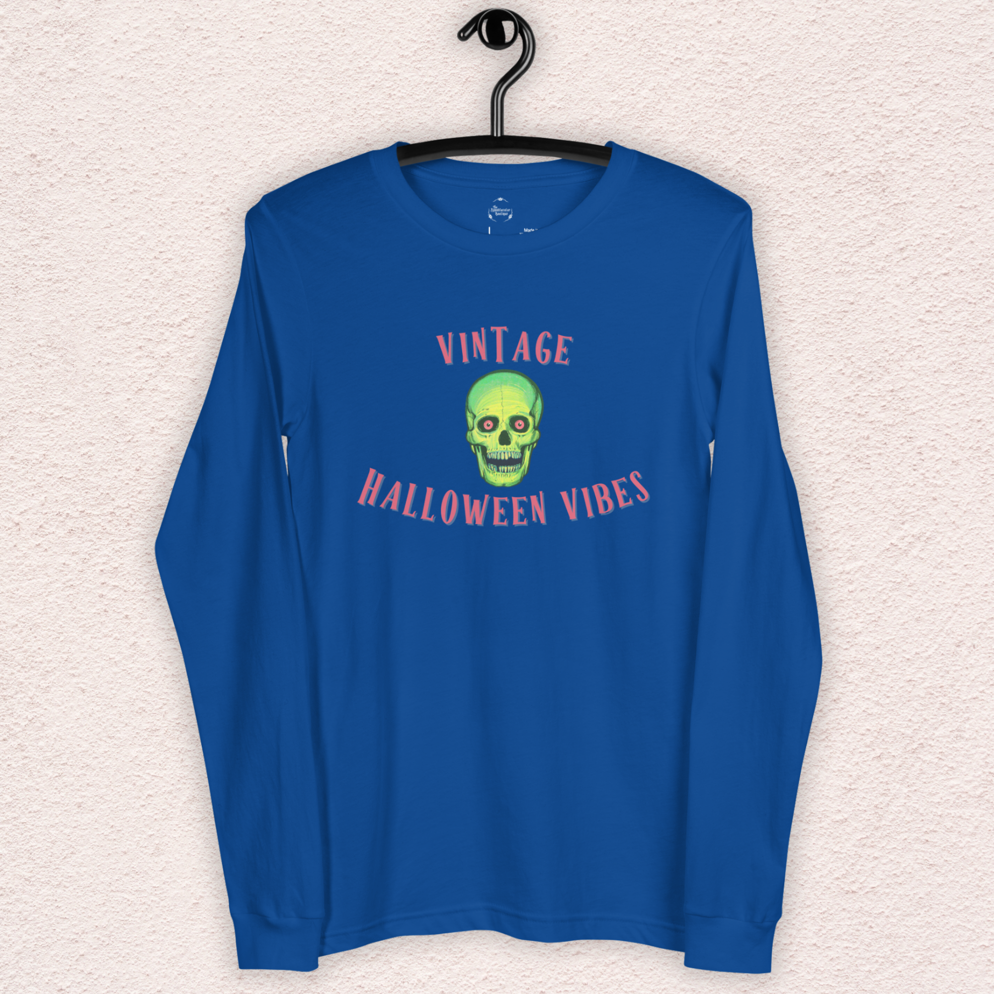 Vintage Halloween Vibes Long Sleeve Tee | Bella+Canvas Unisex Retro Green Skull Shirt | Colorful Graphic