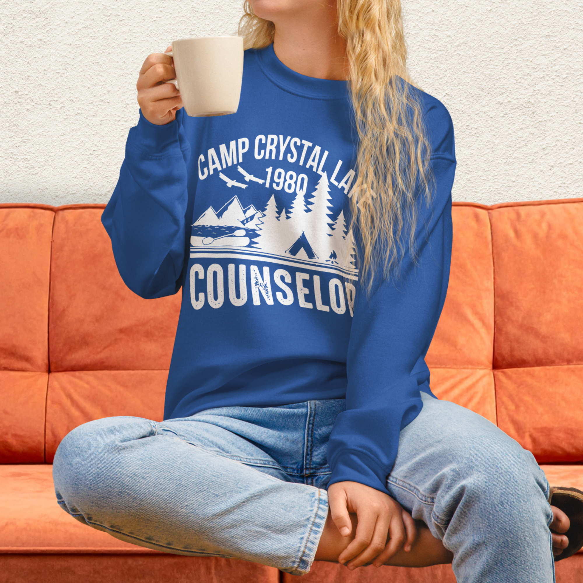 Camp Slasher Counselor Sweatshirt | Gildan Unisex Horror Crewneck (White Ink)