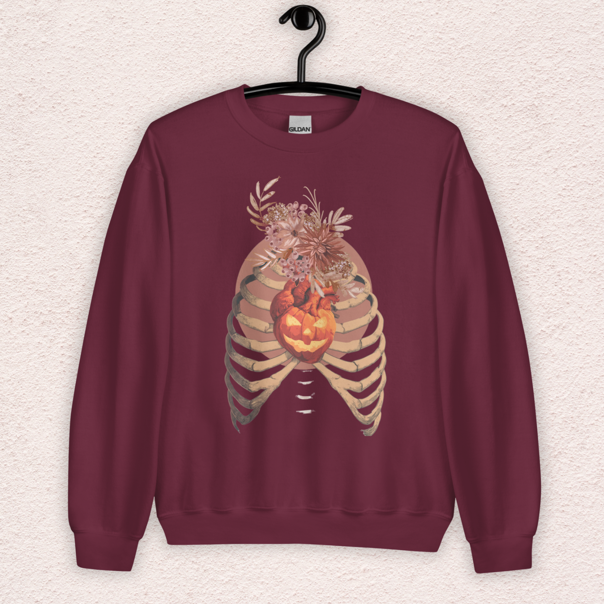 A Fall’s Heart Sweatshirt | Skeleton Pumpkin Autumn Graphic | Gildan Spooky Fall Crewneck