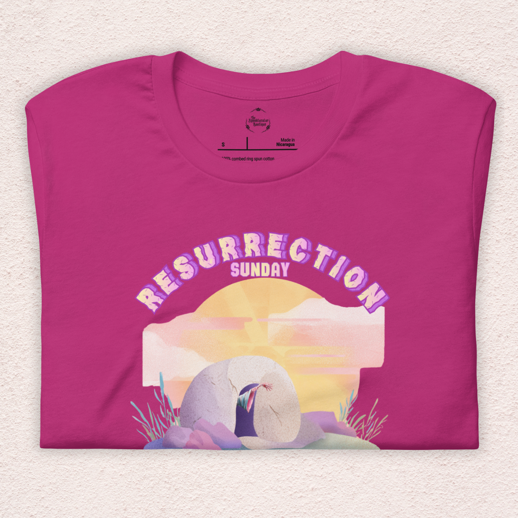 Resurrection Sunday Zombie Hand Tee | Funny Christian Easter Shirt | Tomb & Rolling Stone Graphic | Spooky Faith Bella+Canvas Unisex T-Shirt