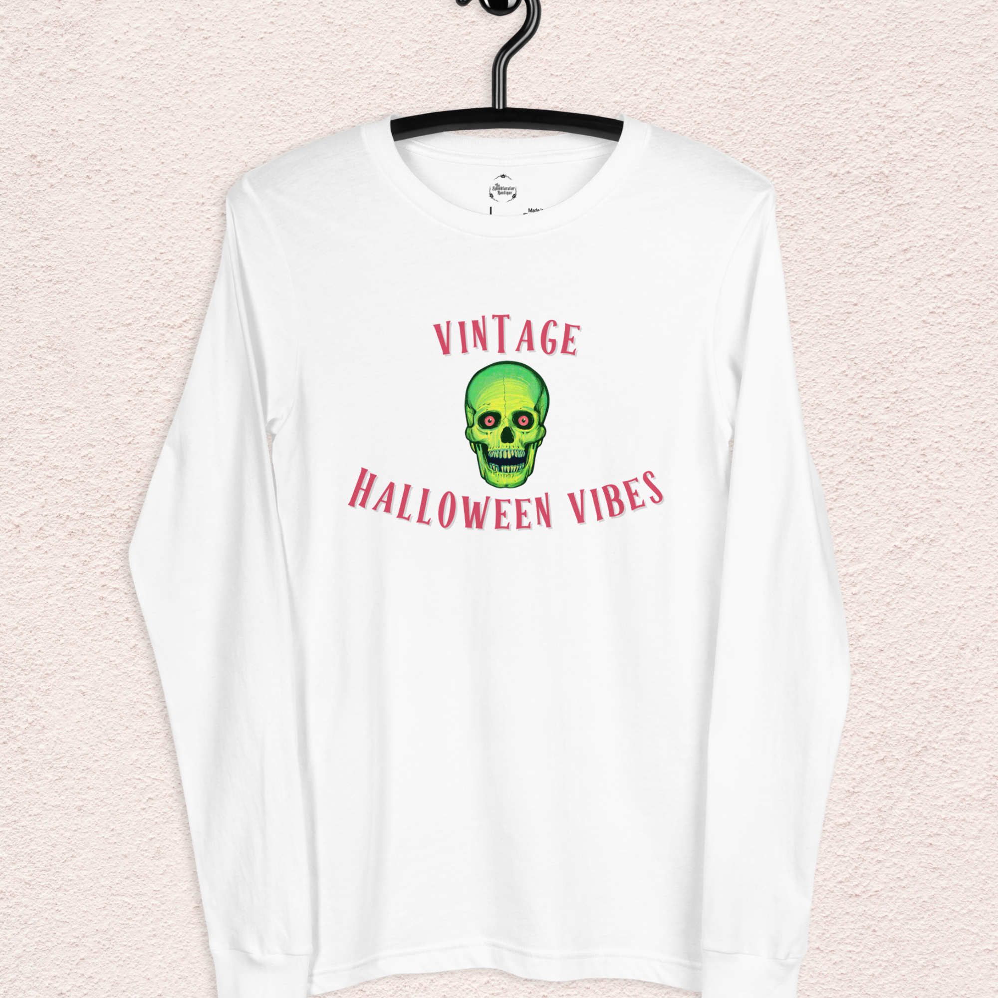 Vintage Halloween Vibes Long Sleeve Tee | Bella+Canvas Unisex Retro Green Skull Shirt | Colorful Graphic
