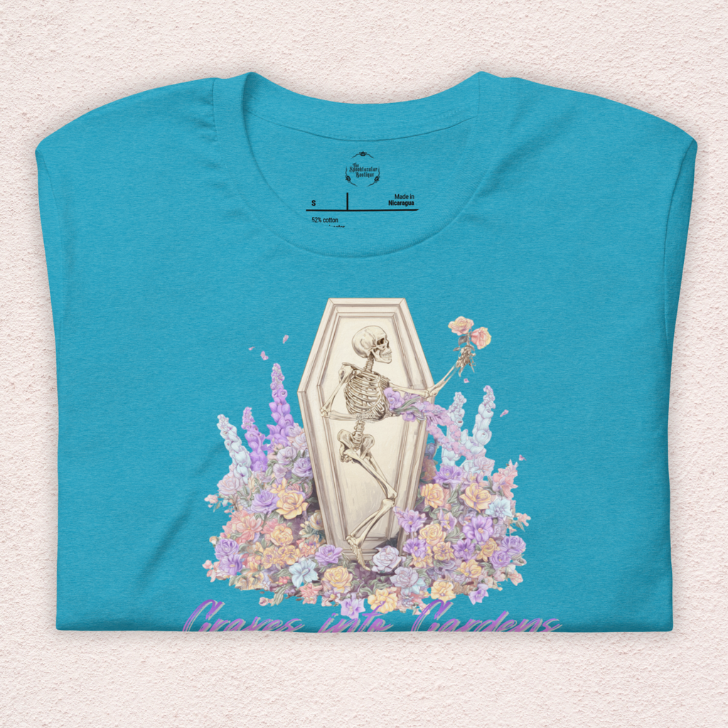 Graves Into Gardens Skeleton Easter Tee | Gothic Faith Spring Shirt | Pastel Floral Resurrection Graphic | Spooky Christian Bella Canvas T-Shirt