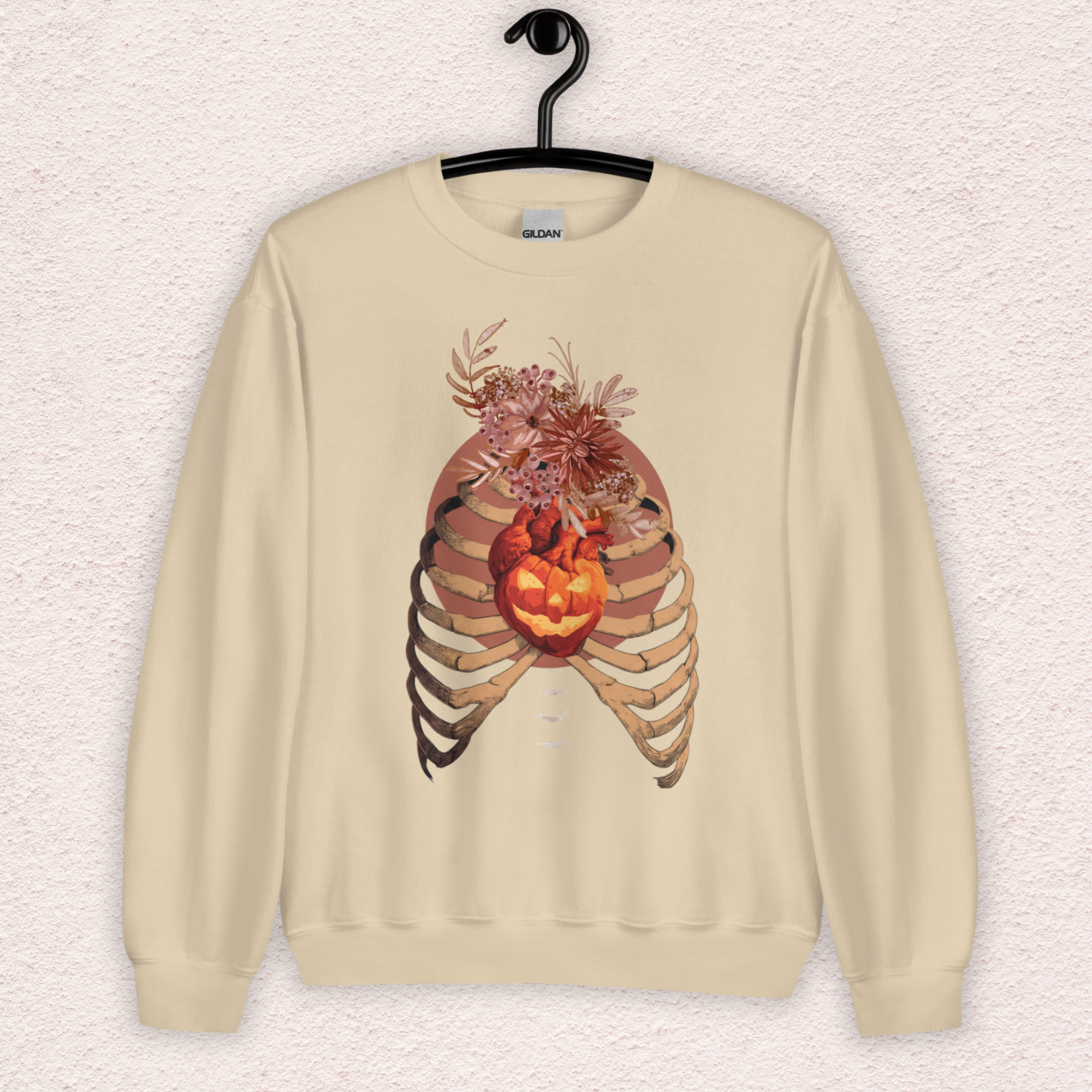 A Fall’s Heart Sweatshirt | Skeleton Pumpkin Autumn Graphic | Gildan Spooky Fall Crewneck
