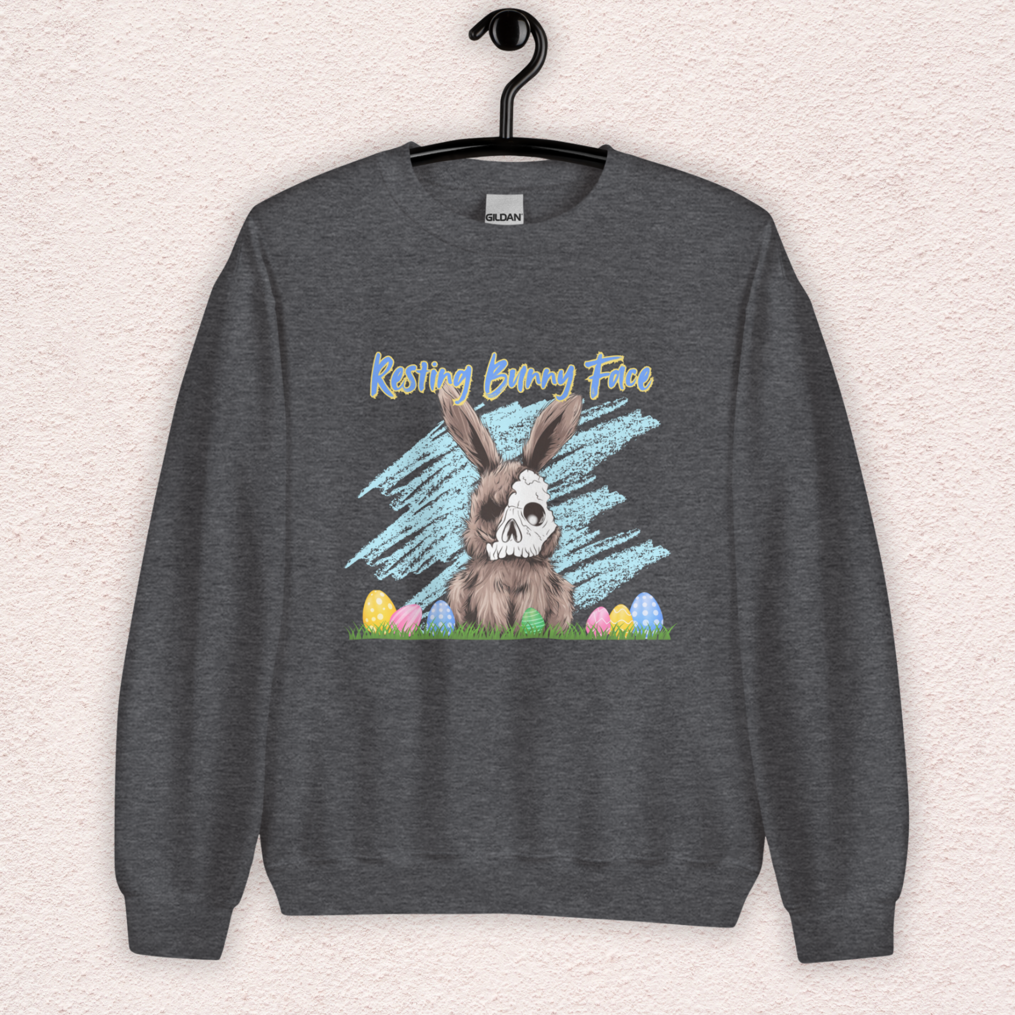 Resting Bunny Face Sweatshirt | Creepy Easter Bunny Skull Crewneck | Funny Spooky Easter Sweatshirt | Dark Humor Bunny Graphic