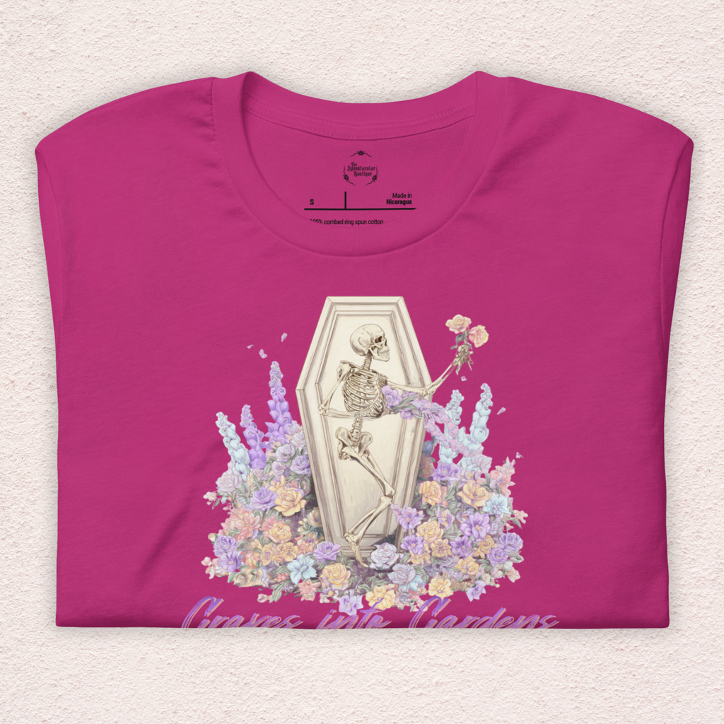 Graves Into Gardens Skeleton Easter Tee | Gothic Faith Spring Shirt | Pastel Floral Resurrection Graphic | Spooky Christian Bella Canvas T-Shirt