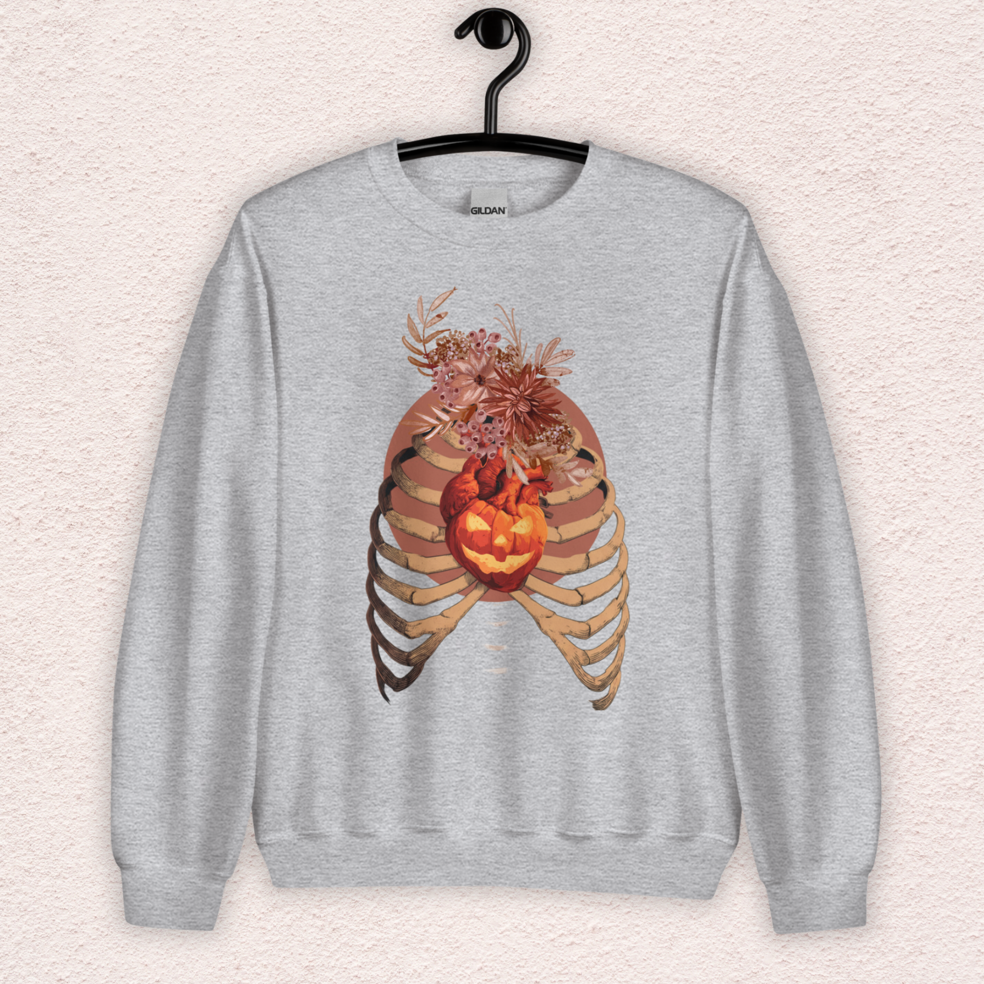 A Fall’s Heart Sweatshirt | Skeleton Pumpkin Autumn Graphic | Gildan Spooky Fall Crewneck
