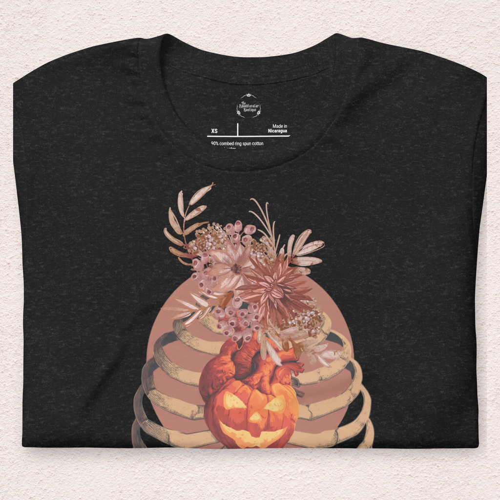 A Fall’s Heart Tee | Skeleton Pumpkin Halloween Shirt | Bella+Canvas Spooky Autumn Graphic Tee