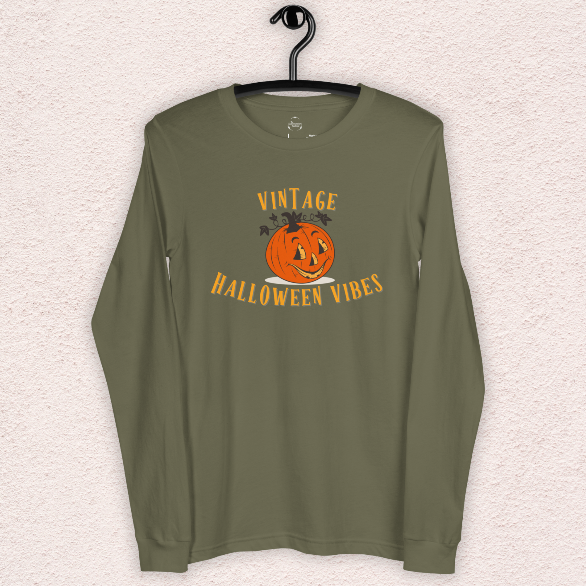 Vintage Halloween Vibes Long Sleeve Tee | Bella+Canvas Unisex Retro Jack-O-Lantern Shirt | Colorful Graphic