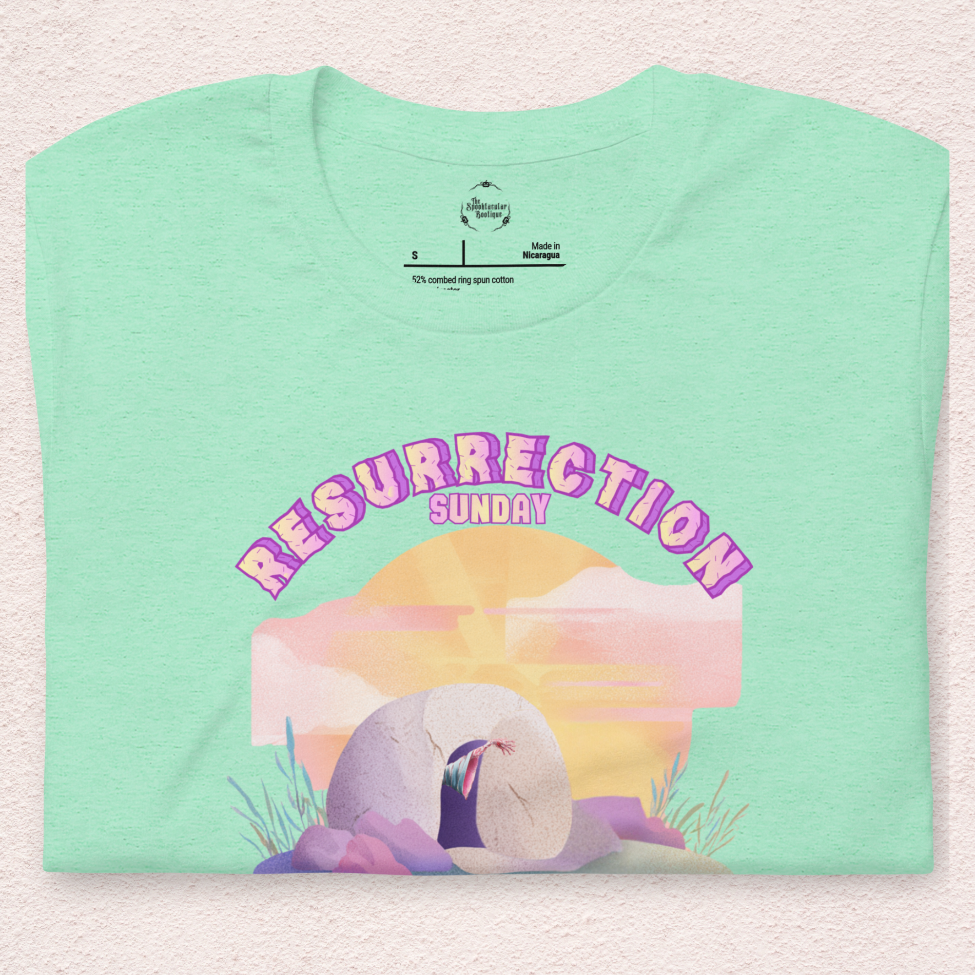 Resurrection Sunday Zombie Hand Tee | Funny Christian Easter Shirt | Tomb & Rolling Stone Graphic | Spooky Faith Bella+Canvas Unisex T-Shirt