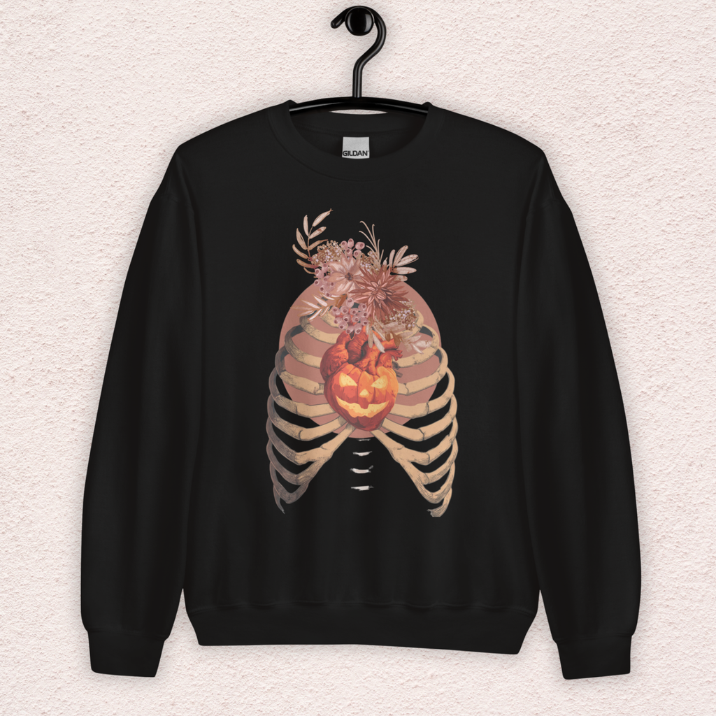 A Fall’s Heart Sweatshirt | Skeleton Pumpkin Autumn Graphic | Gildan Spooky Fall Crewneck
