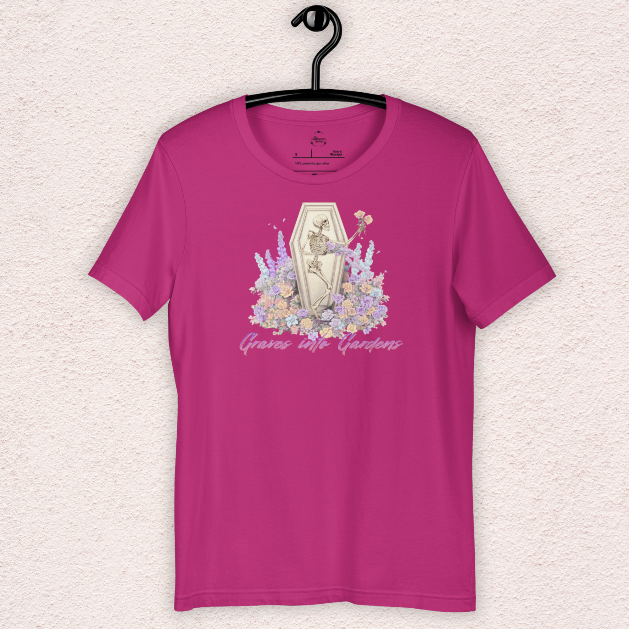 Graves Into Gardens Skeleton Easter Tee | Gothic Faith Spring Shirt | Pastel Floral Resurrection Graphic | Spooky Christian Bella Canvas T-Shirt