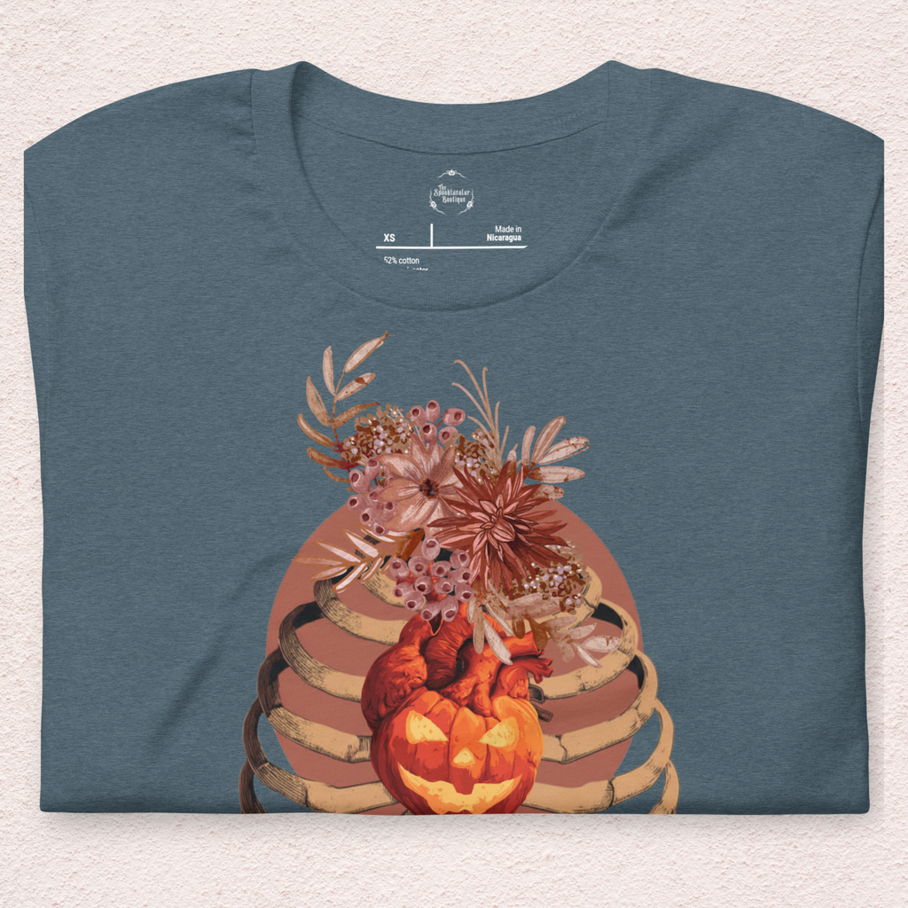 A Fall’s Heart Tee | Skeleton Pumpkin Halloween Shirt | Bella+Canvas Spooky Autumn Graphic Tee