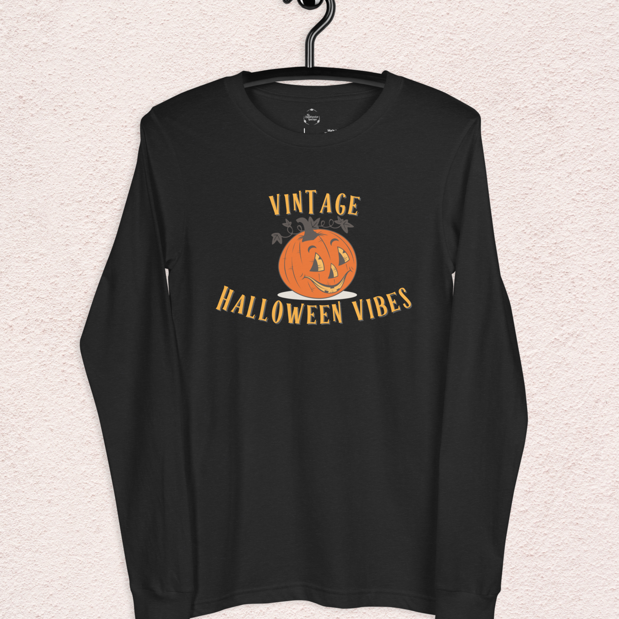Vintage Halloween Vibes Long Sleeve Tee | Bella+Canvas Unisex Retro Jack-O-Lantern Shirt | Colorful Graphic