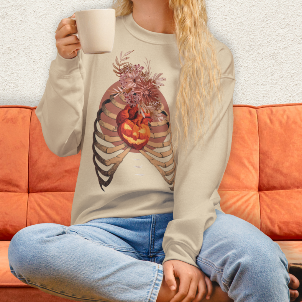 A Fall’s Heart Sweatshirt | Skeleton Pumpkin Autumn Graphic | Gildan Spooky Fall Crewneck