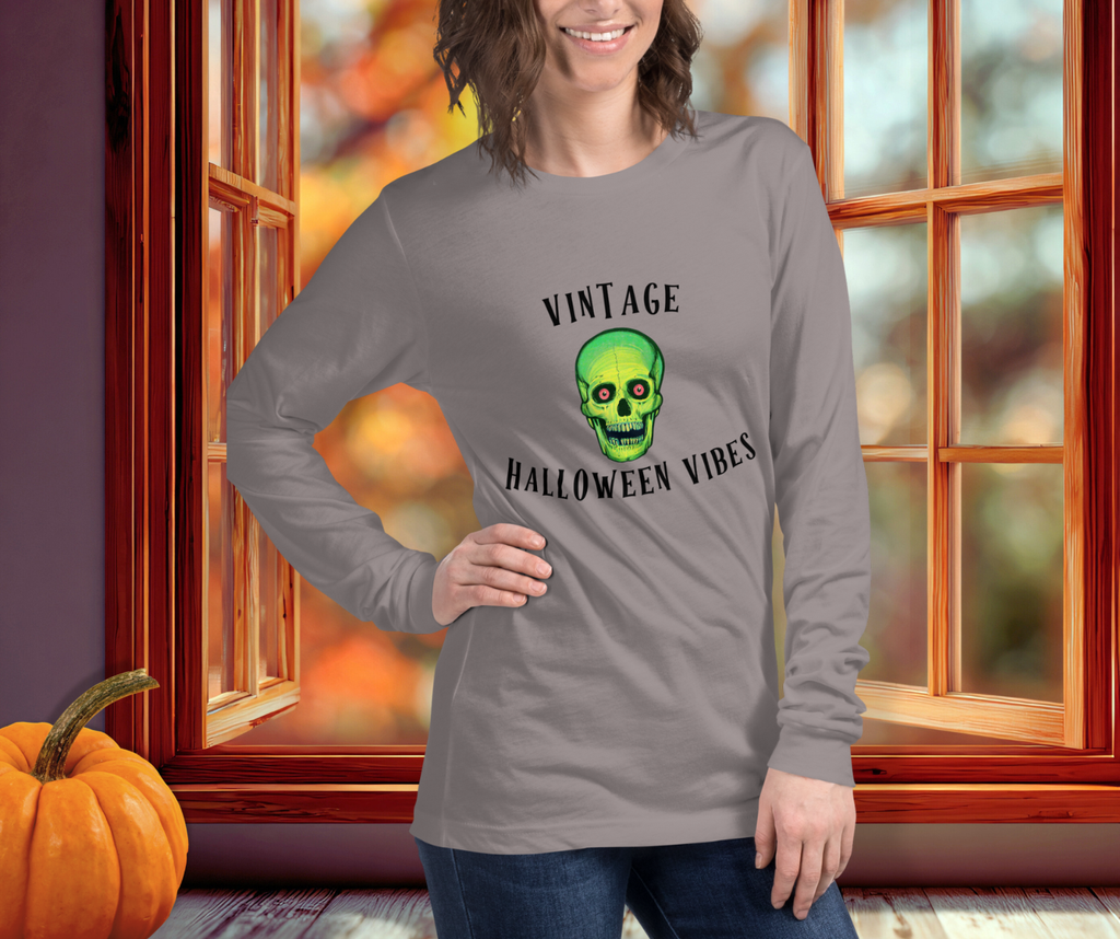 Vintage Halloween Vibes Long Sleeve Tee | Bella+Canvas Retro Green Skull Shirt