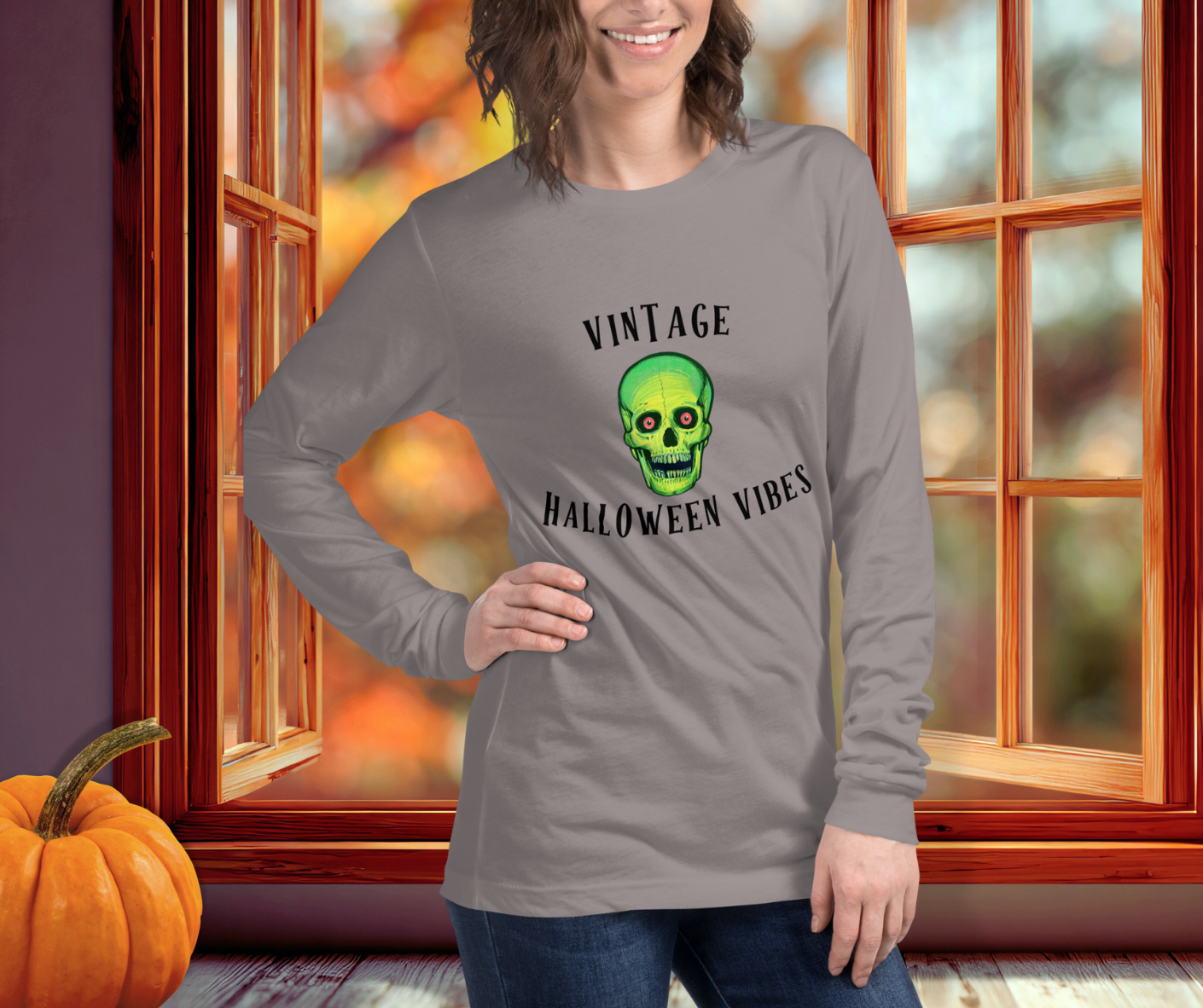 Vintage Halloween Vibes Long Sleeve Tee | Bella+Canvas Retro Green Skull Shirt