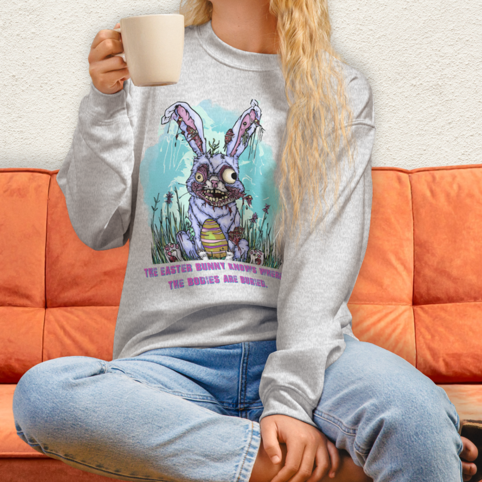 The Easter Bunny Knows Where the Bodies Are Buried Sweatshirt | Zombie Easter Bunny Horror Sweatshirt | Funny Dark Humor Easter | Gildan Crewneck