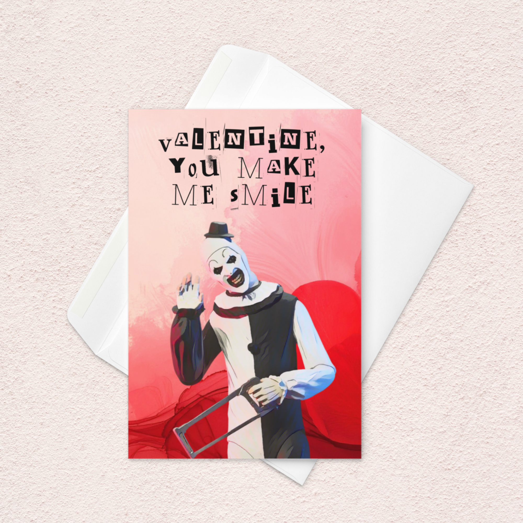 Funny Horror Valentine Card – “You Make Me Smile” Creepy Clown Hacksaw Card