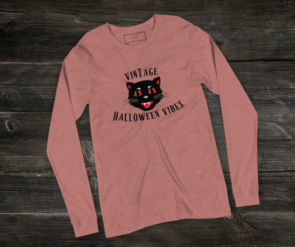 Vintage Halloween Vibes Long Sleeve Tee | Bella+Canvas Unisex Retro Cat Shirt