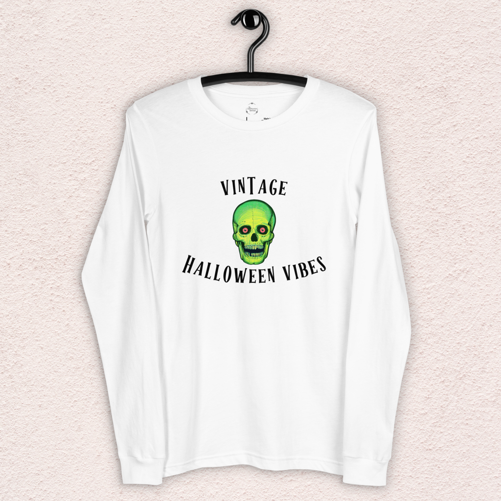 Vintage Halloween Vibes Long Sleeve Tee | Bella+Canvas Retro Green Skull Shirt
