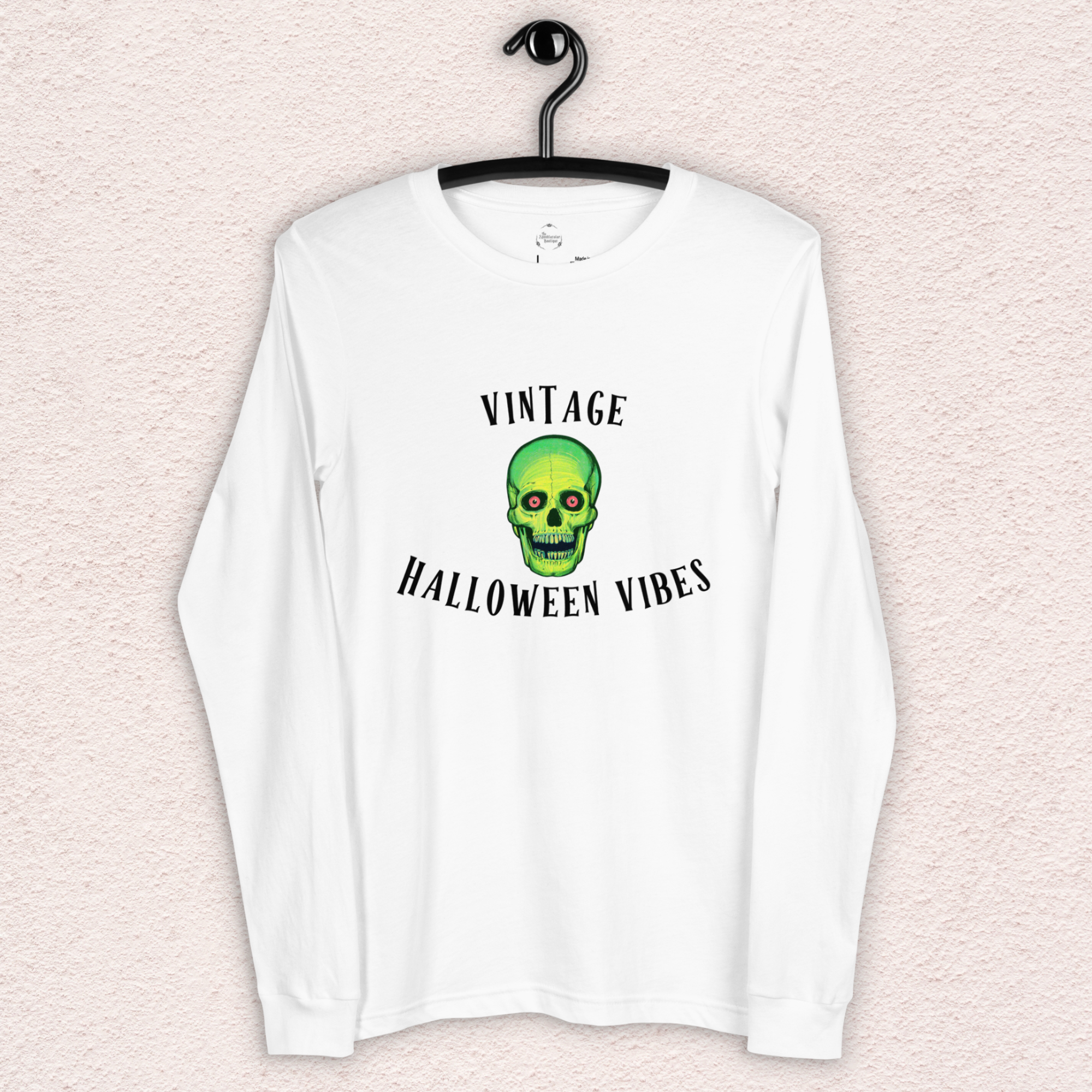 Vintage Halloween Vibes Long Sleeve Tee | Bella+Canvas Retro Green Skull Shirt