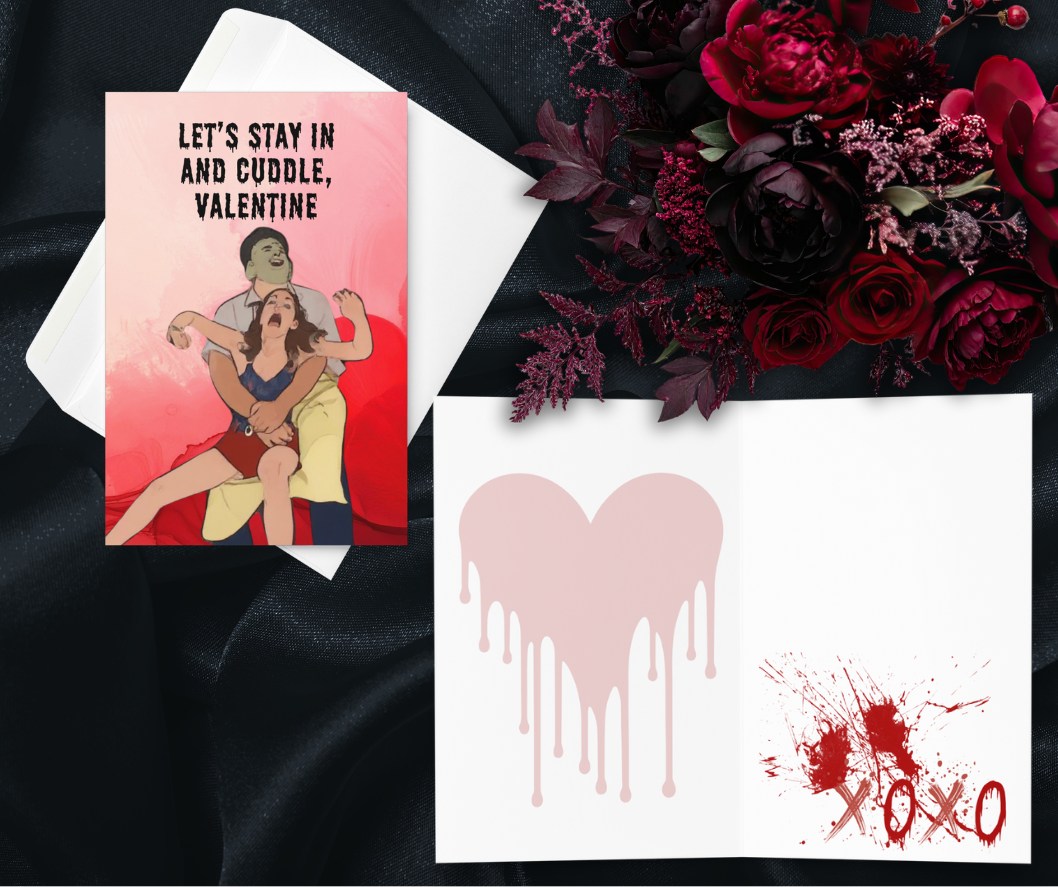 Funny Horror Valentine Card – “Let’s Stay In and Cuddle” Chainsaw Homebody Valentine
