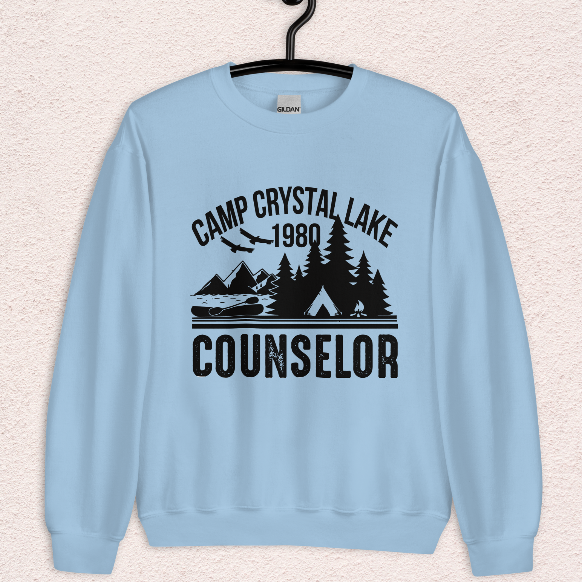 Camp Slasher Counselor Sweatshirt | Gildan Unisex Horror Crewneck (Black Ink)