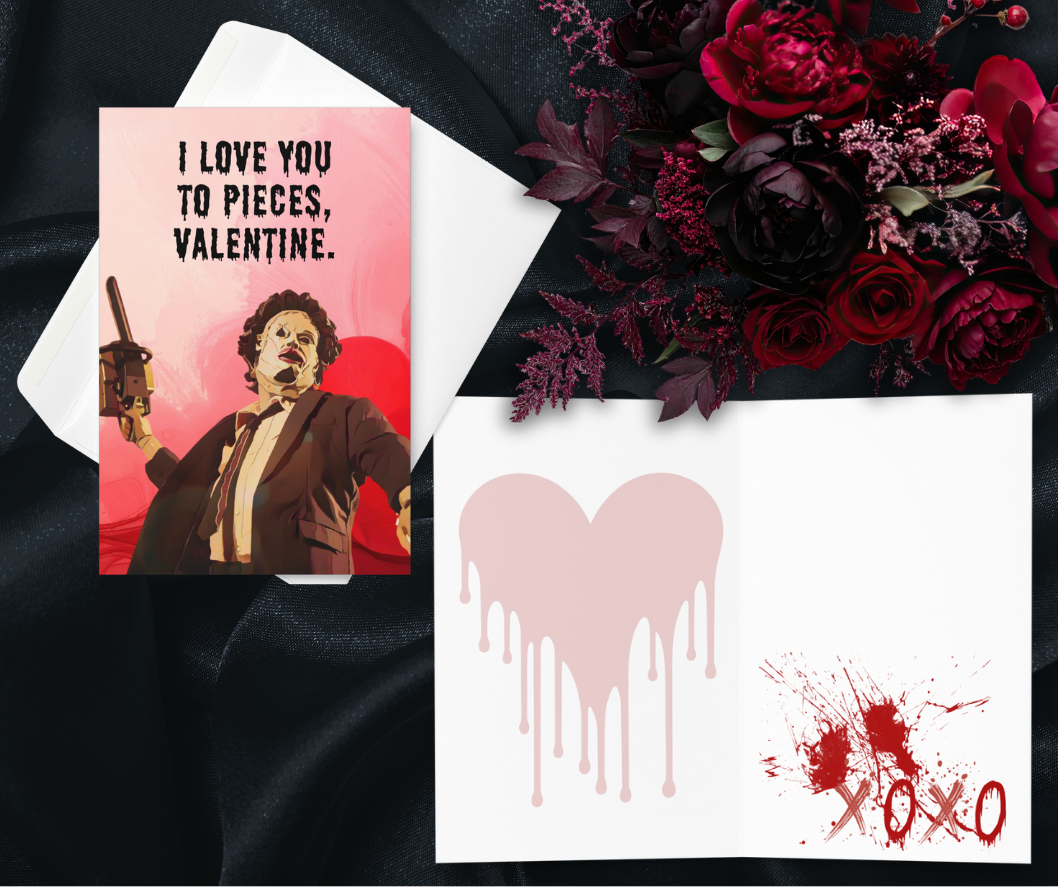 Funny Horror Valentine Card – “I Love You to Pieces” Chainsaw Valentine Card