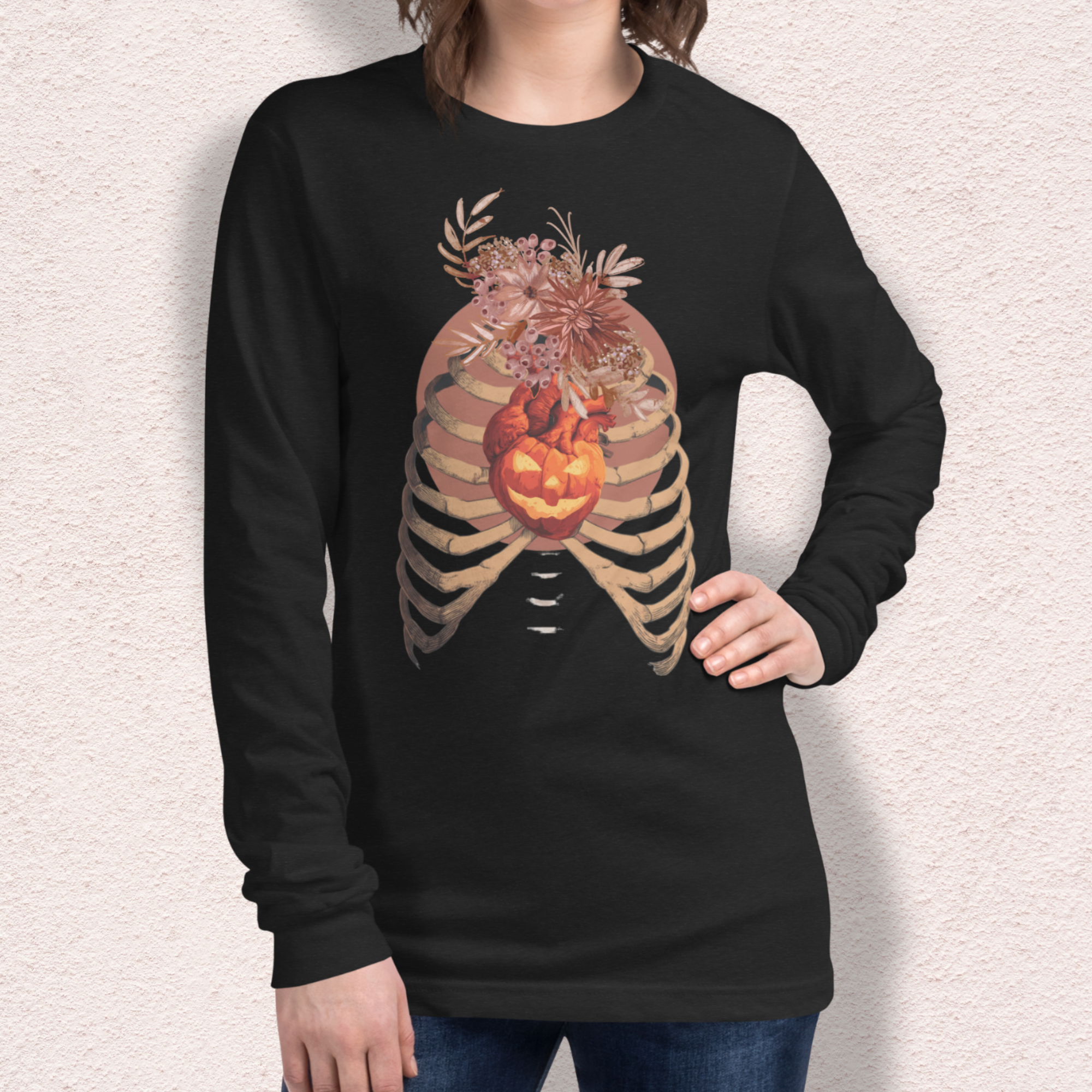 A Fall’s Heart Tee | Skeleton Pumpkin Halloween Shirt | Bella+Canvas Spooky Autumn Graphic Long Sleeve Tee
