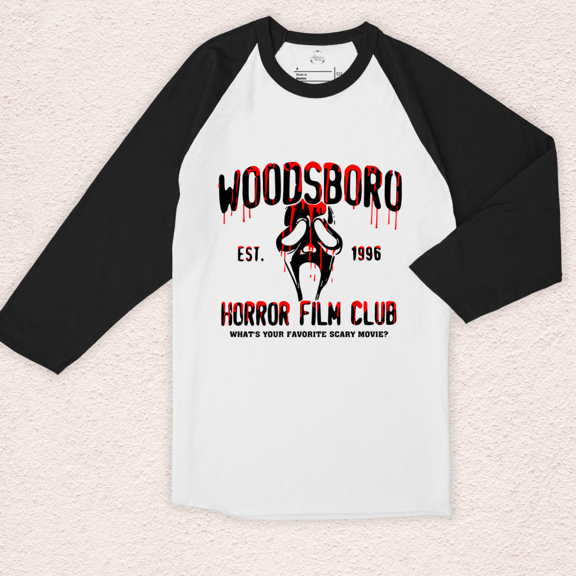Woodsboro Horror Film Club Raglan Tee | Unisex 3/4 Sleeve Slasher Shirt