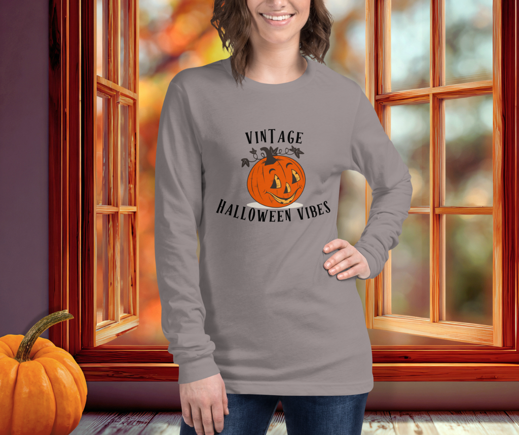 Vintage Halloween Vibes Long Sleeve Tee | Bella+Canvas Retro Jack-O’-Lantern Shirt