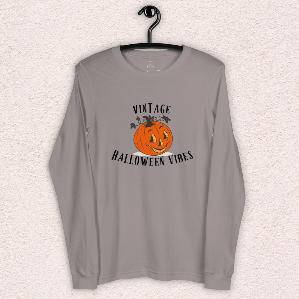 Vintage Halloween Vibes Long Sleeve Tee | Bella+Canvas Retro Jack-O’-Lantern Shirt