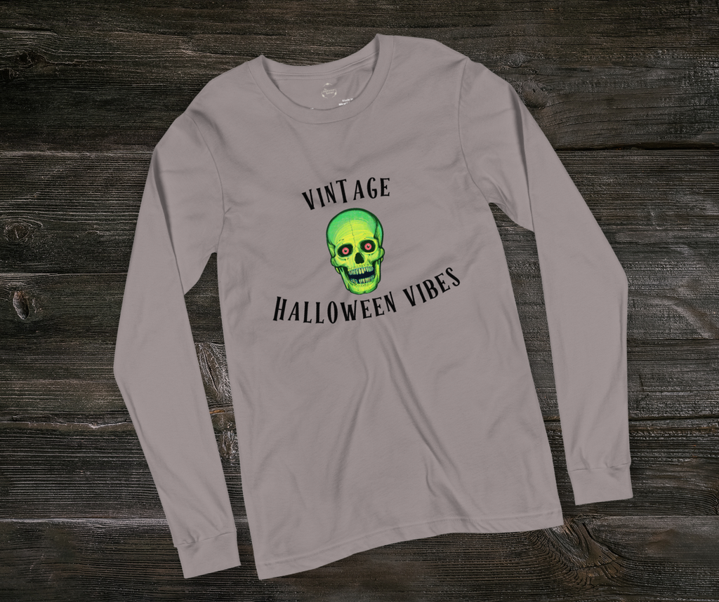 Vintage Halloween Vibes Long Sleeve Tee | Bella+Canvas Retro Green Skull Shirt