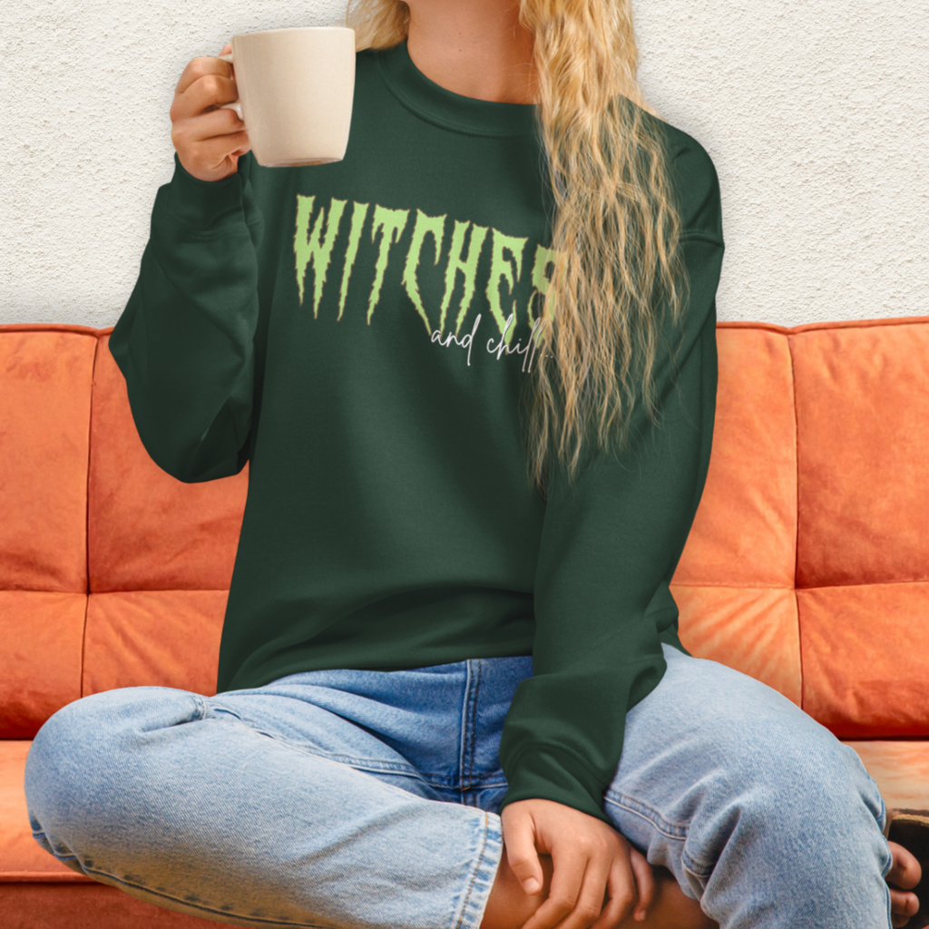 Witches & Chill Sweatshirt | Spooky Witch Aesthetic Crewneck | Gildan Heavy Blend Halloween Sweatshirt