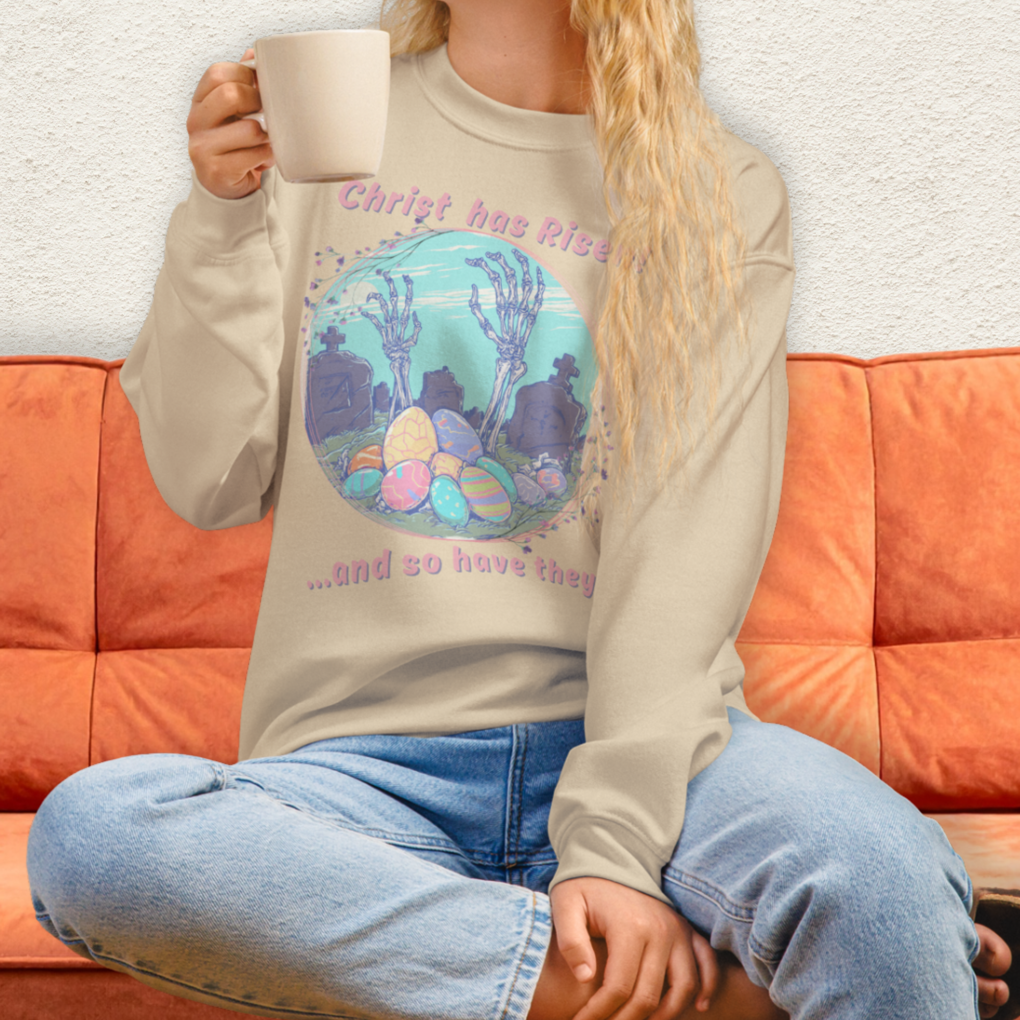 Christ Has Risen… and So Have They Sweatshirt | Funny Horror Easter Sweatshirt | Skeleton Grave Easter Graphic | Gildan Crewneck